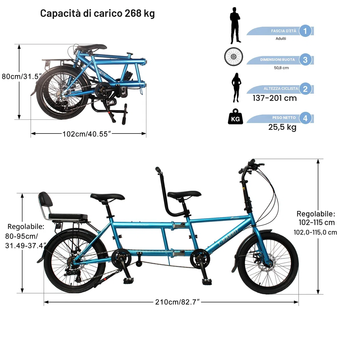 Bicicletta tandem, bicicletta pieghevole per tre persone, materiale in acciaio ad alto tenore di carbonio, resistente alla ruggine e durevole