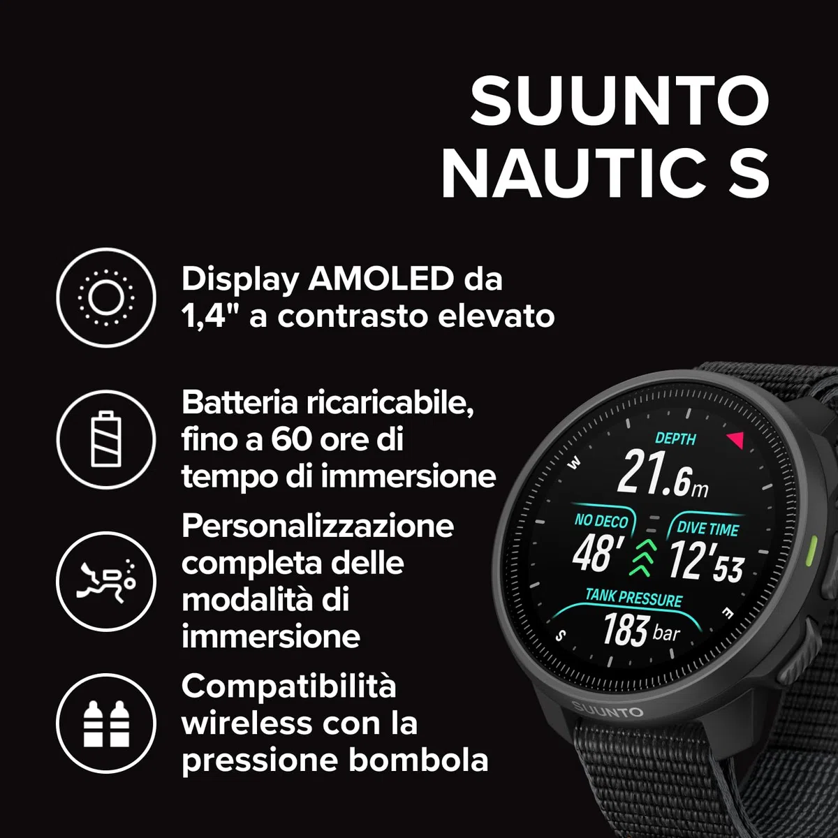 SUUNTO Nautic S Computer Subacqueo, Schermo AMOLED, 60 Ore di autonomia in Immersione, Impermeabile Fino a 80 Metri, GPS Integrato, mappe Offline, letture Gas Wireless, App Suunto