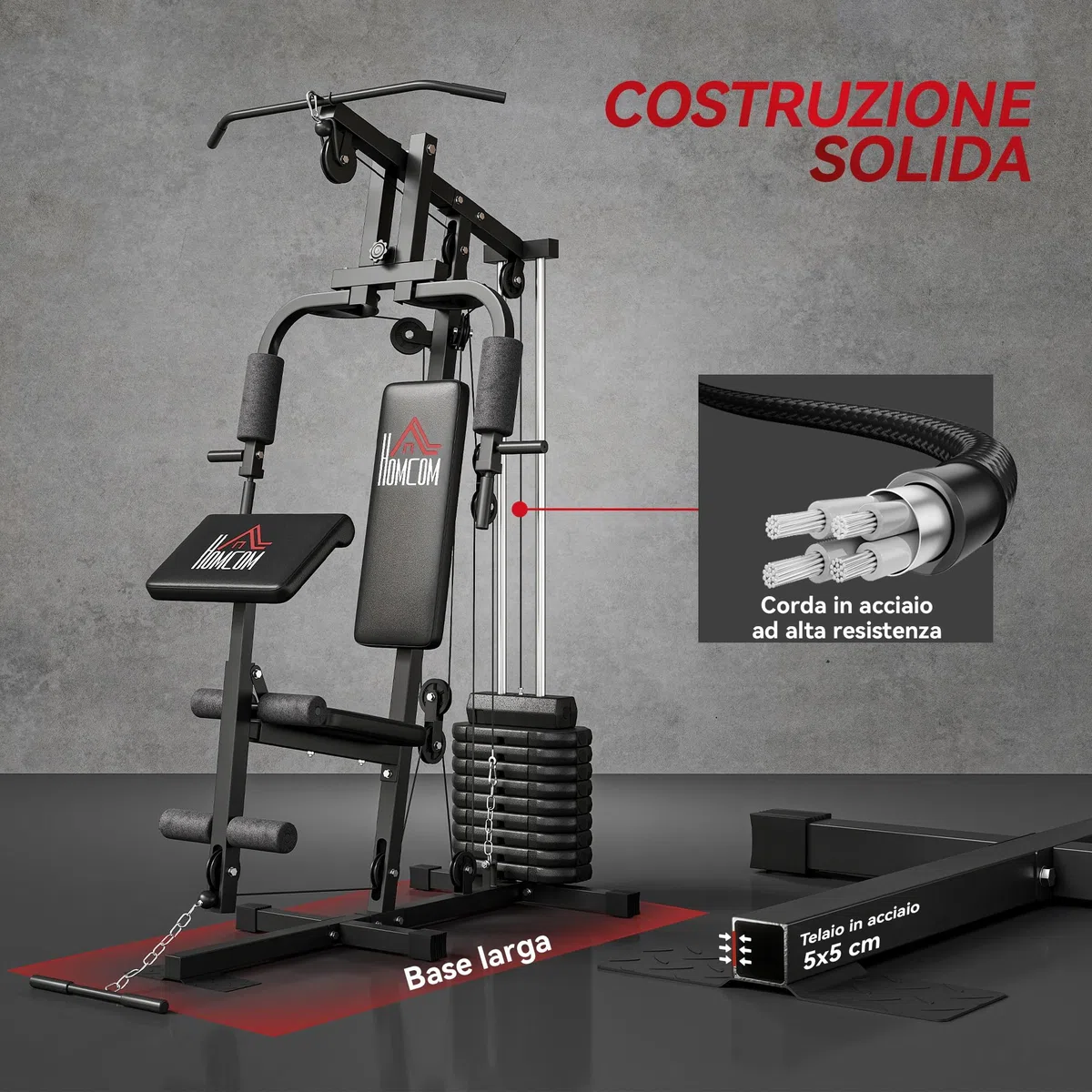 HOMCOM Stazione Fitness Multifunzione Power Tower con Pesi fino 45kg e Panca Imbottita per Allenamento a Casa e Professionale, per Chest Press, Lat Pull Down