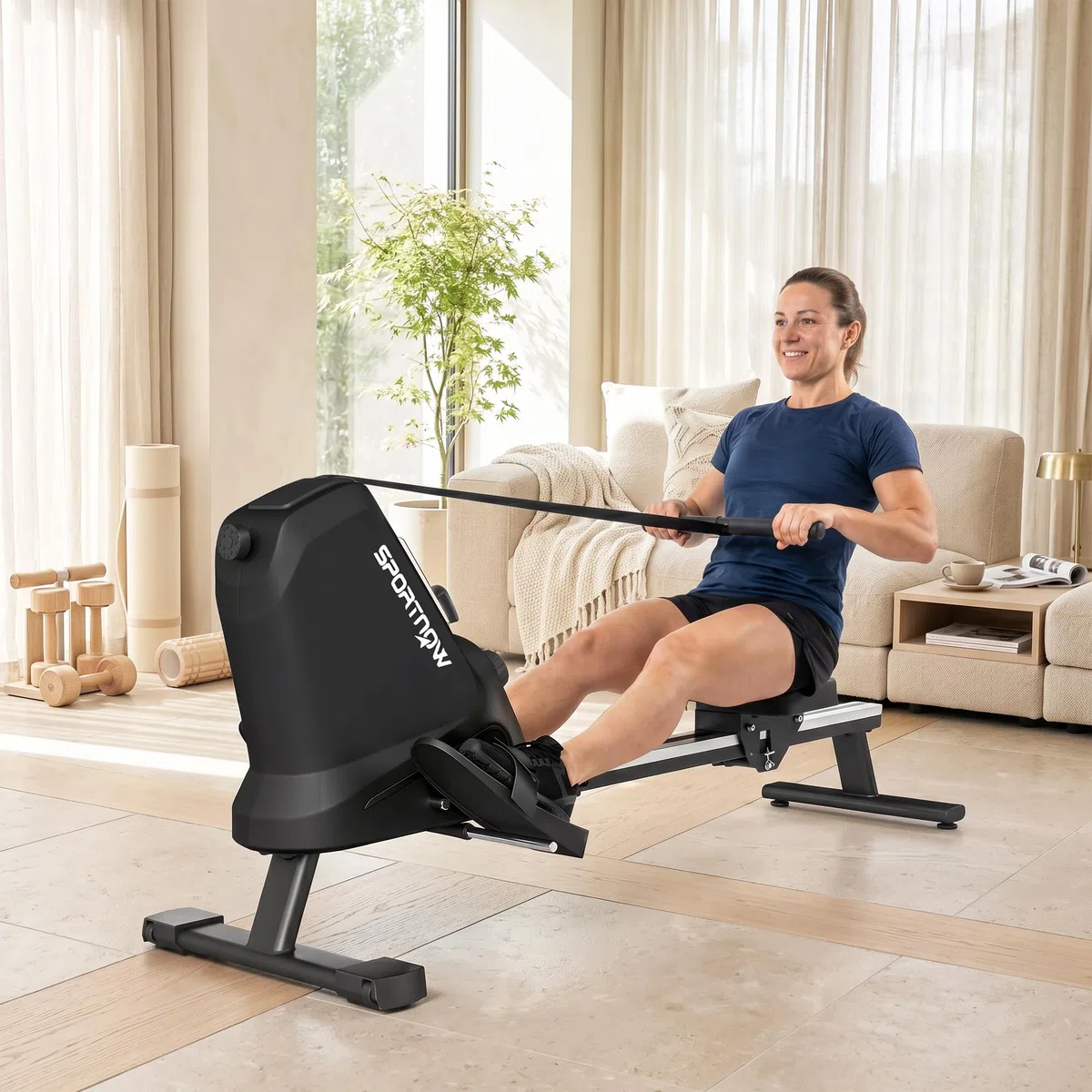 SPORTNOW Vogatore per Casa, Vogatore Magnetico Silenzioso con 16 Livelli Resistenza, APP Bluetooth, Guida Alluminio, Display LCD, Portatelefono, Ruote, Stoccaggio Verticale Salvaspazio, Max 130 kg