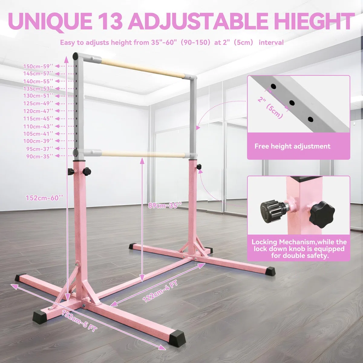 FBSPORT Barra da ginnastica orizzontale con anelli da ginnastica per bambini, regolabile in altezza 13 cm, per allenamento per bambini, attrezzatura da ginnastica per casa, palestra, interni,
