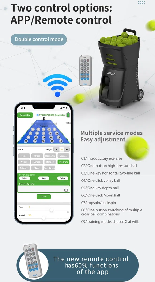 PT-Smart - Macchina automatica per la pratica delle palline da tennis, per allenarsi, portatile, controllata da app, per Apple e Android, telecomando incluso