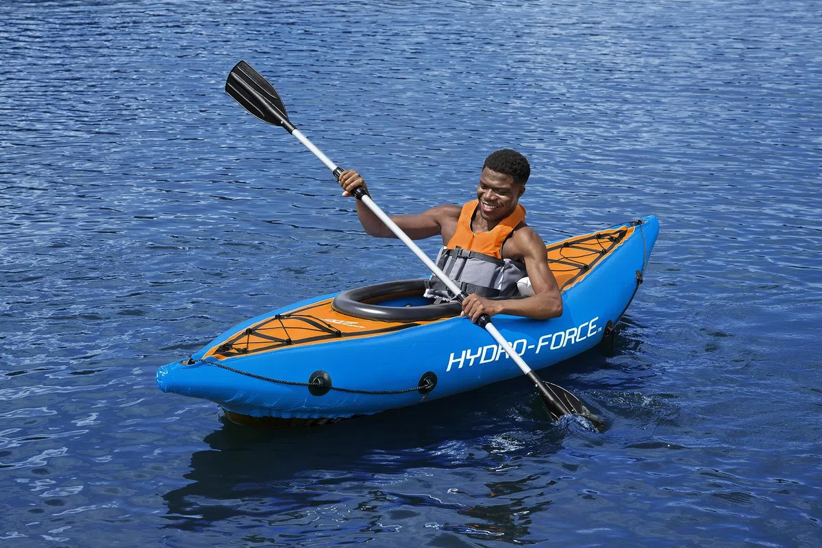Hydro-Force Cove Champion, set kayak gonfiabile per 1 persona con pompa a mano, pagaie, borsa per il trasporto, blu