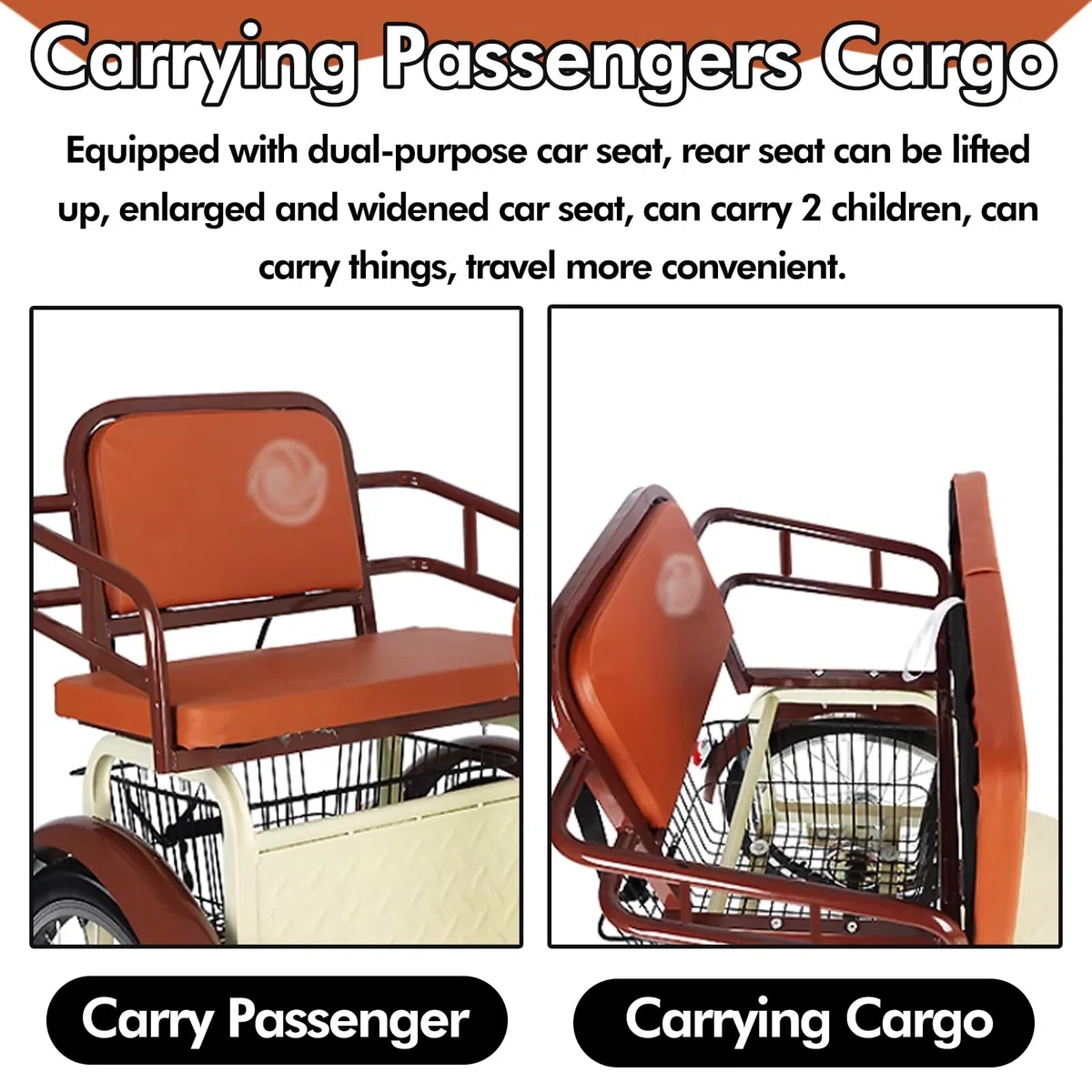 Adulti Tricicli for adulti Bicicletta da crociera leggera a tre ruote, triciclo per adulti a due posti, bici a tre ruote per il trasporto di passeggeri e merci, bici da viaggio per genitori(Beige)