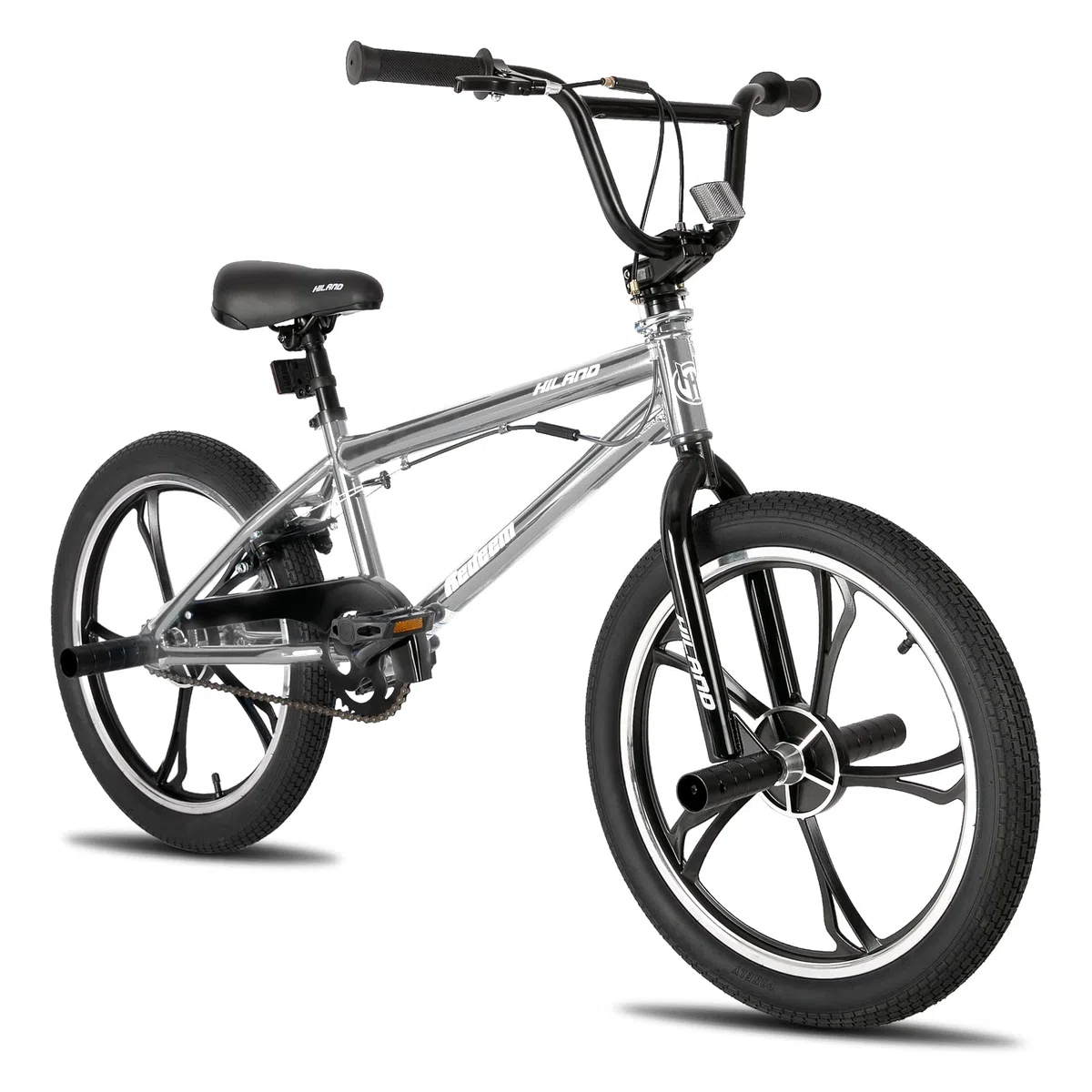 HILAND BMX Bicicletta per bambini da 20 pollici,5 razze, Per bambini e bambine di 7 anni e più，rotore a 361 gradi, freestyle,pedane single speed per bambini,Argento