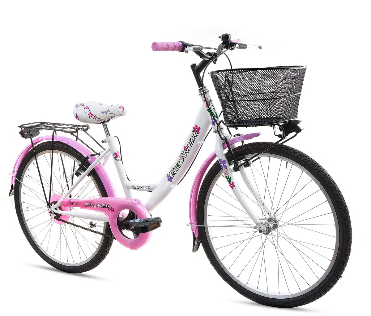 MADICKS Bicicletta Bambina Ragazza da Passeggio Misura 24 Bici con Cestino Floreale Bianco Rosa