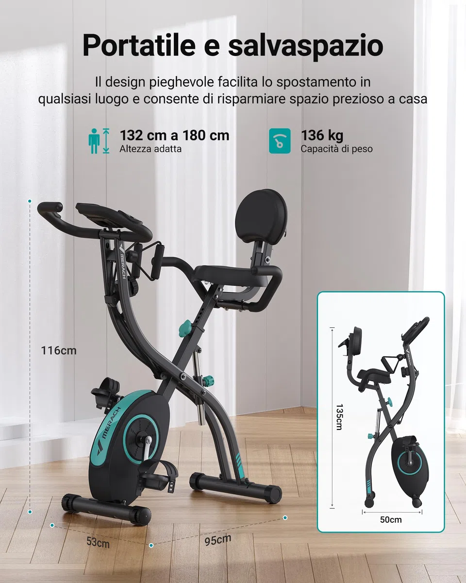 MERACH Cyclette da Casa con App di Allenamento, Silenziosa Cyclette Pieghevole 4-in-1, Resistenza Magnetica a 16 Livelli, Display LCD, Misurazione del Battito, Fascia di resistenza, Sella Confortevole
