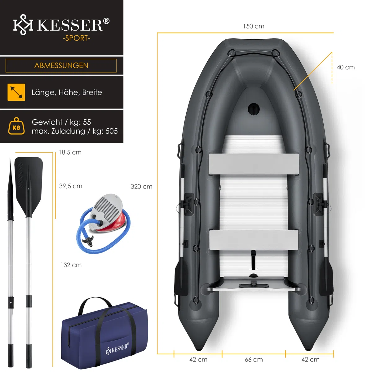KESSER Gommone 3,20 m per 4 persone – Wave Motor adatto per il tempo libero, barca a motore, barca da pesca, con 2 panche, set di riparazione e borsa gonfiabile in PVC