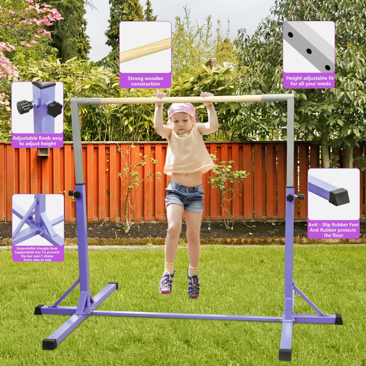 FBSPORT Barra da Ginnastica per Bambini con 13 Altezze Regolabili,Sbarra di Ginnastica per Bambini Barra Ginnastica Orizzontali Artistica Palestra Danza per Bambini e Bambine e Portatile Viola