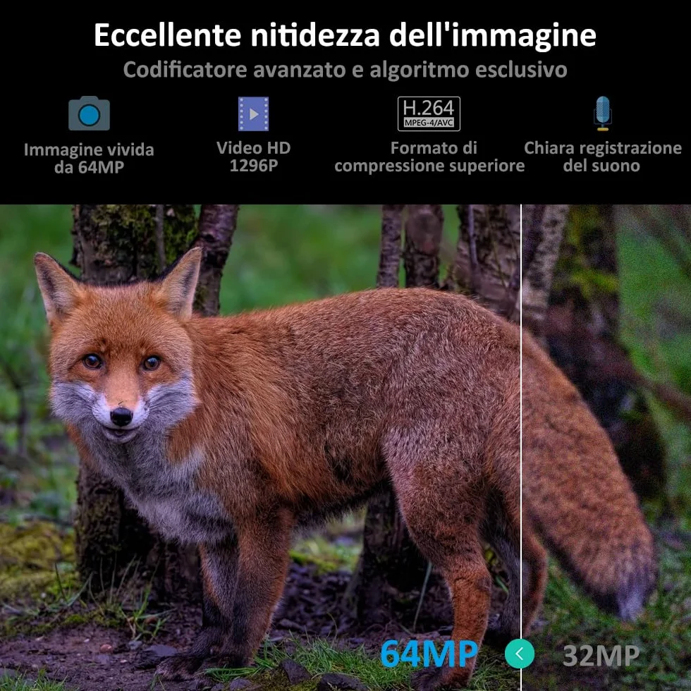 GardePro A3S Fototrappola Infrarossi Invisibili con scheda SD da 64GB 64MP 1296P H.264 Vidéo, 0,1s Tempo di Attivazione Fotocamera da Caccia Visione Notturna Fino a 30m, No-Glow IR LEDs, IP66