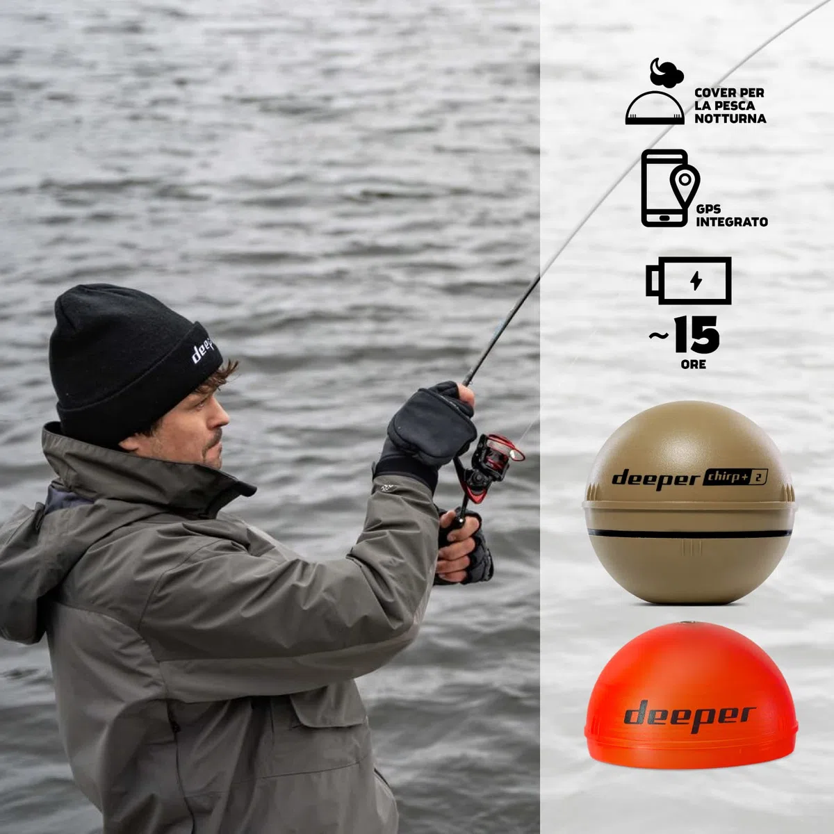 Deeper Chirp+ 2 Ecoscandaglio da pesca lanciabile e portatile, compatibile con GPS con autonomia prolungata e guscio da pesca notturno per pesca in kayak in barche dalla riva sul ghiaccio