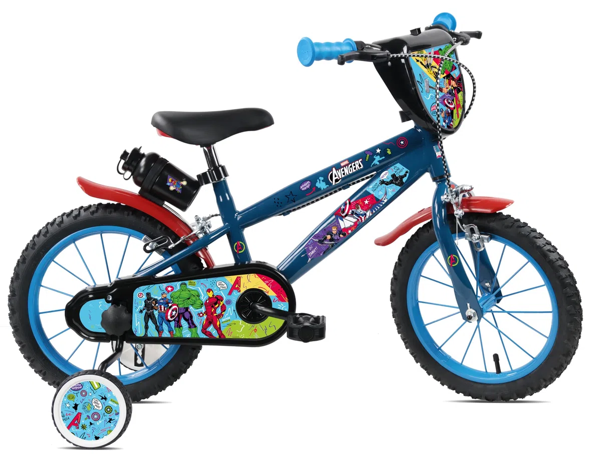 Denver Bike Bicicletta Bambino 14 Pollici Licensed Avengers, 3-5 Anni, Rotelle Removibili, Freni Caliper Anteriore/Posteriore, Telaio Acciaio, Ruote Gonfiabili, Borraccia e Scudo