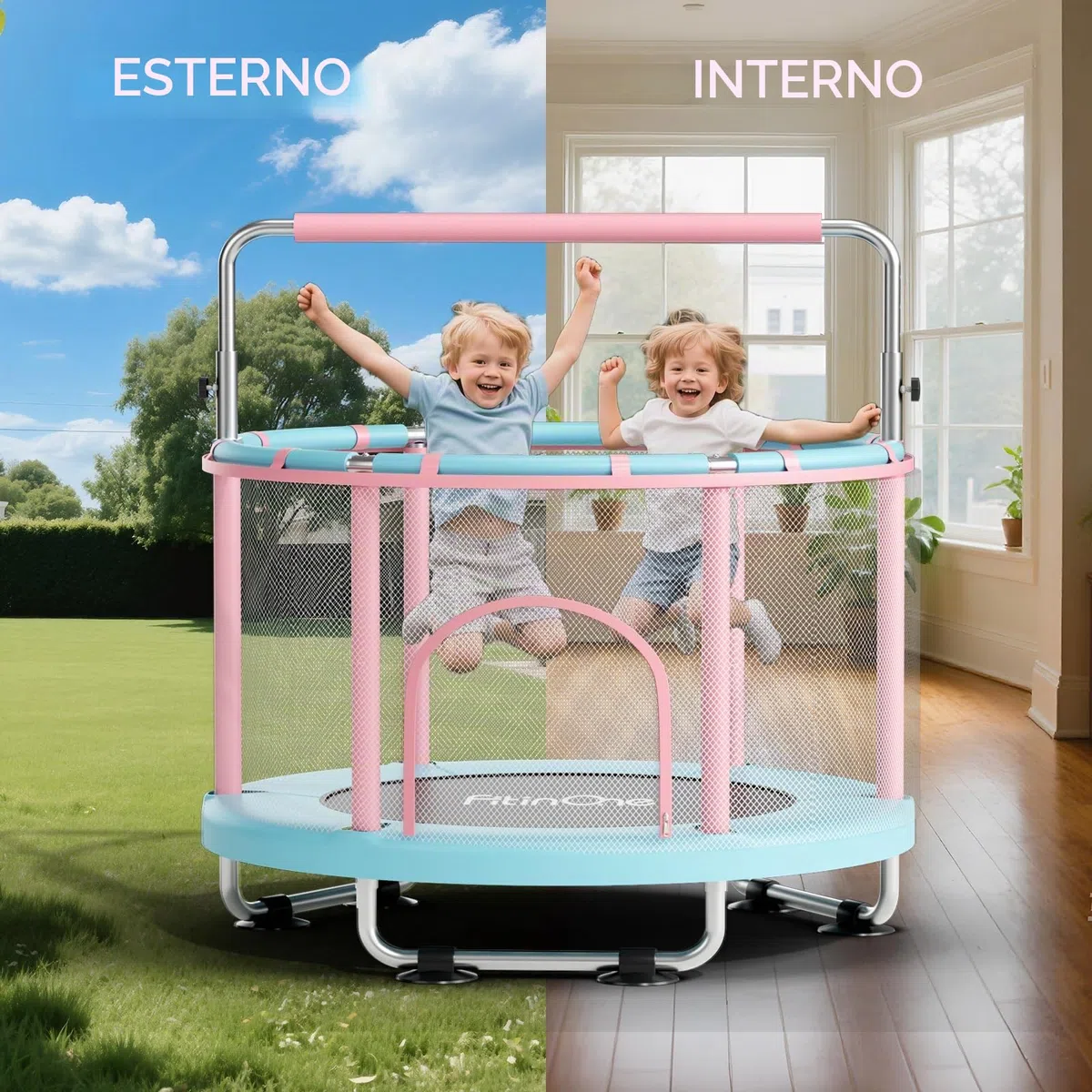 FitinOne Trampolino per bambini, 140 cm, mini trampolino per bambini piccoli per interni ed esterni con altalena, 199,6 kg, trampolino per bambini, sbarra da ginnastica, regali di compleanno per