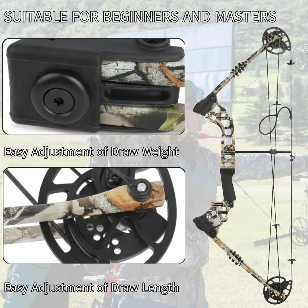 Set arco compound pronto per la caccia - Potenza di trazione 20-70 libbre, lunghezza di trazione 24“-30”, velocità 320 fps, completo di tutti gli accessori per la caccia e il tiro al bersaglio