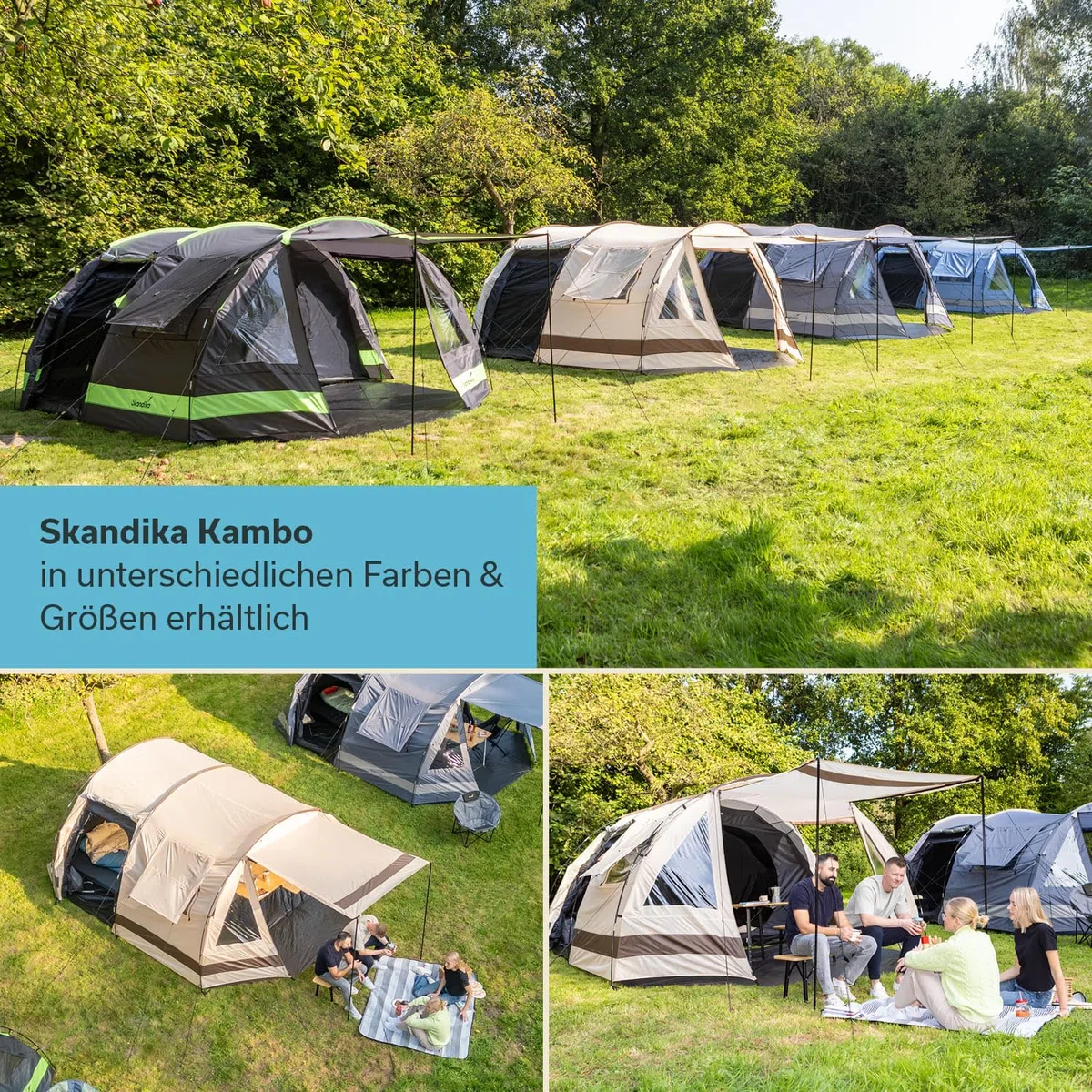 Skandika Kambo - Tenda de campeggio tunnel - Cabina letto per 6/8/12 persone - Impermeabile con 3000 colonne d'acqua - 2 m di altezza - 3 ingressi - tenda da sole