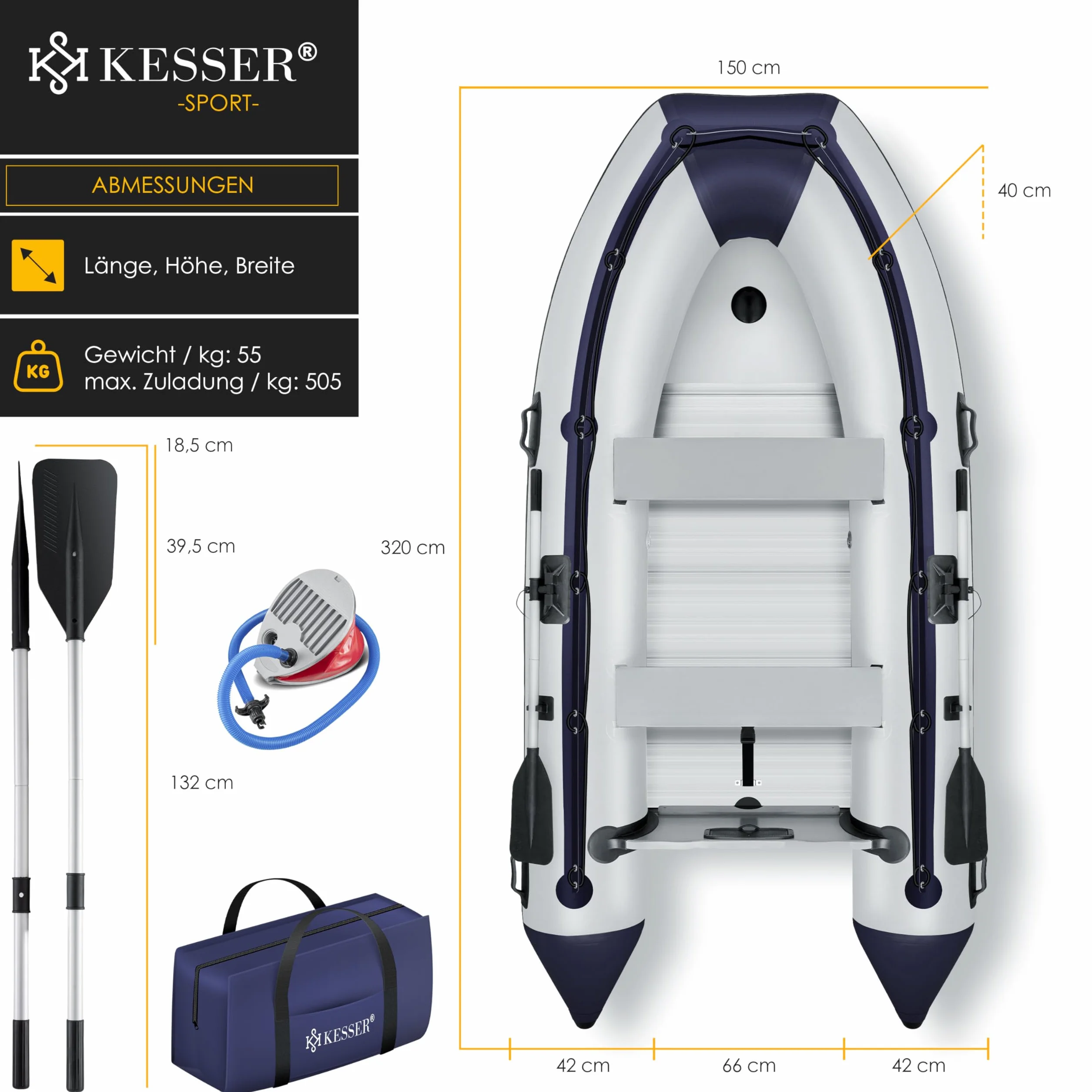 KESSER® Gommone di 3,20 m per 4 Persone - Compatibile con Motore Wave Imbarcazione da diporto Barca a Remi Barca a Motore Barca da Pesca - con 2 panche - Fondo in Alluminio Remi Pompa