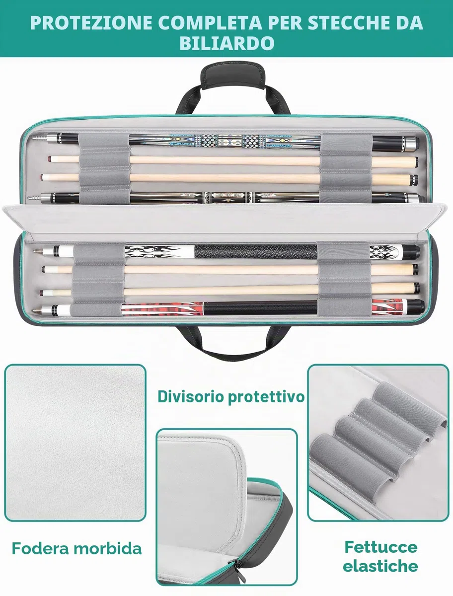 PEKREWS Custodia per stecche da biliardo 4 x 4 con cinghie per zaino, custodia morbida per stecche da biliardo con tracolla, custodia per bastone da biliardo può contenere 4 mozziconi e 4 alberi e