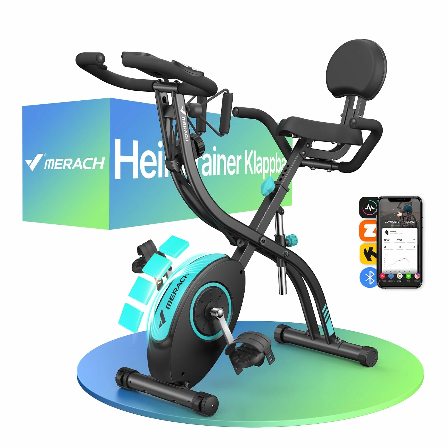 MERACH Cyclette da Casa con App di Allenamento, Silenziosa Cyclette Pieghevole 4-in-1, Resistenza Magnetica a 16 Livelli, Display LCD, Misurazione del Battito, Fascia di resistenza, Sella Confortevole