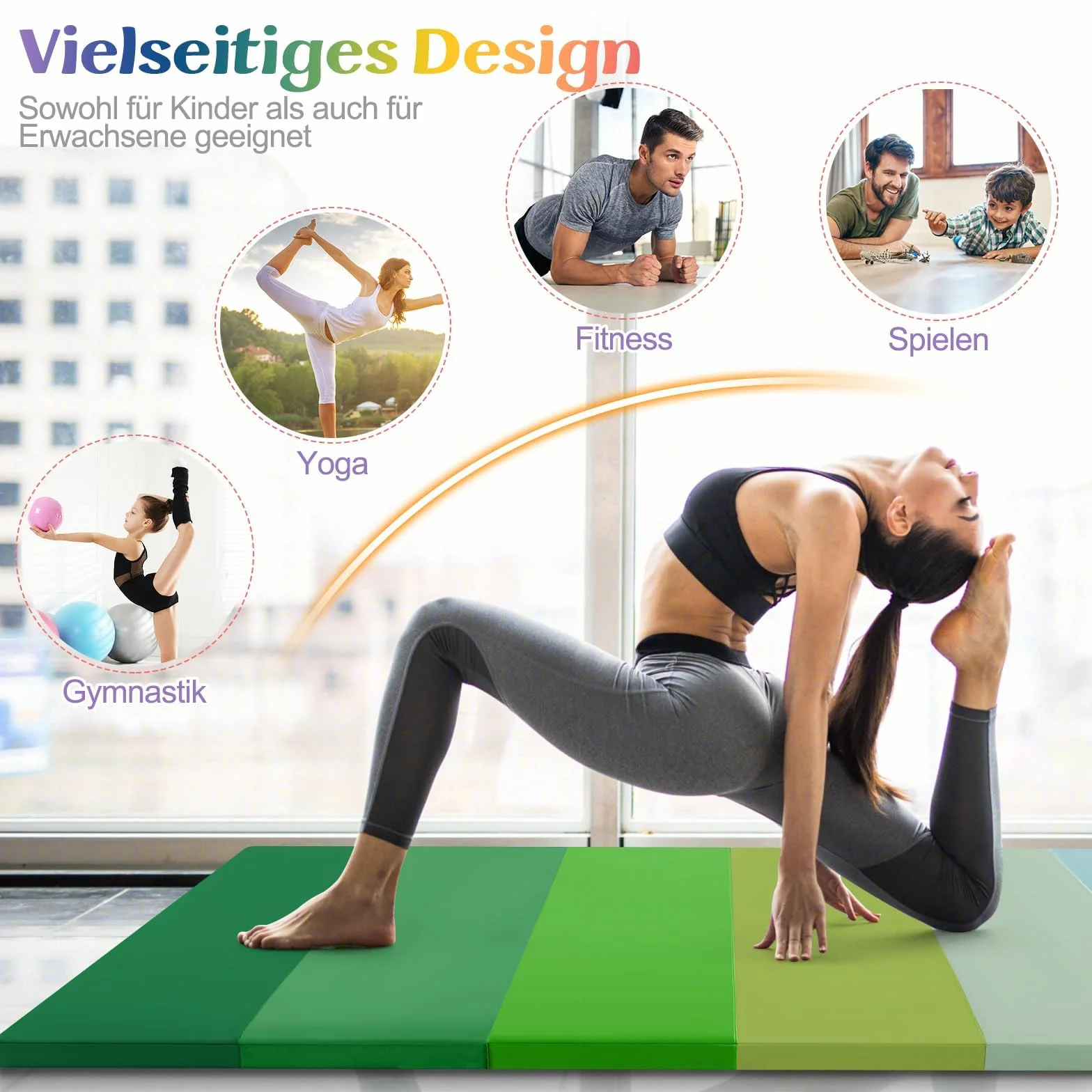 FANTASK Tappetino da ginnastica pieghevole per casa, 180 x 120 cm, tappetino fitness pieghevole a 5 volte, in PU con maniglia, tappetino sportivo per bambini e adulti
