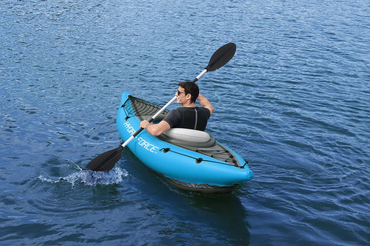 Hydro-Force Cove Champion, set kayak gonfiabile per 1 persona con pompa a mano, pagaie, borsa per il trasporto, blu