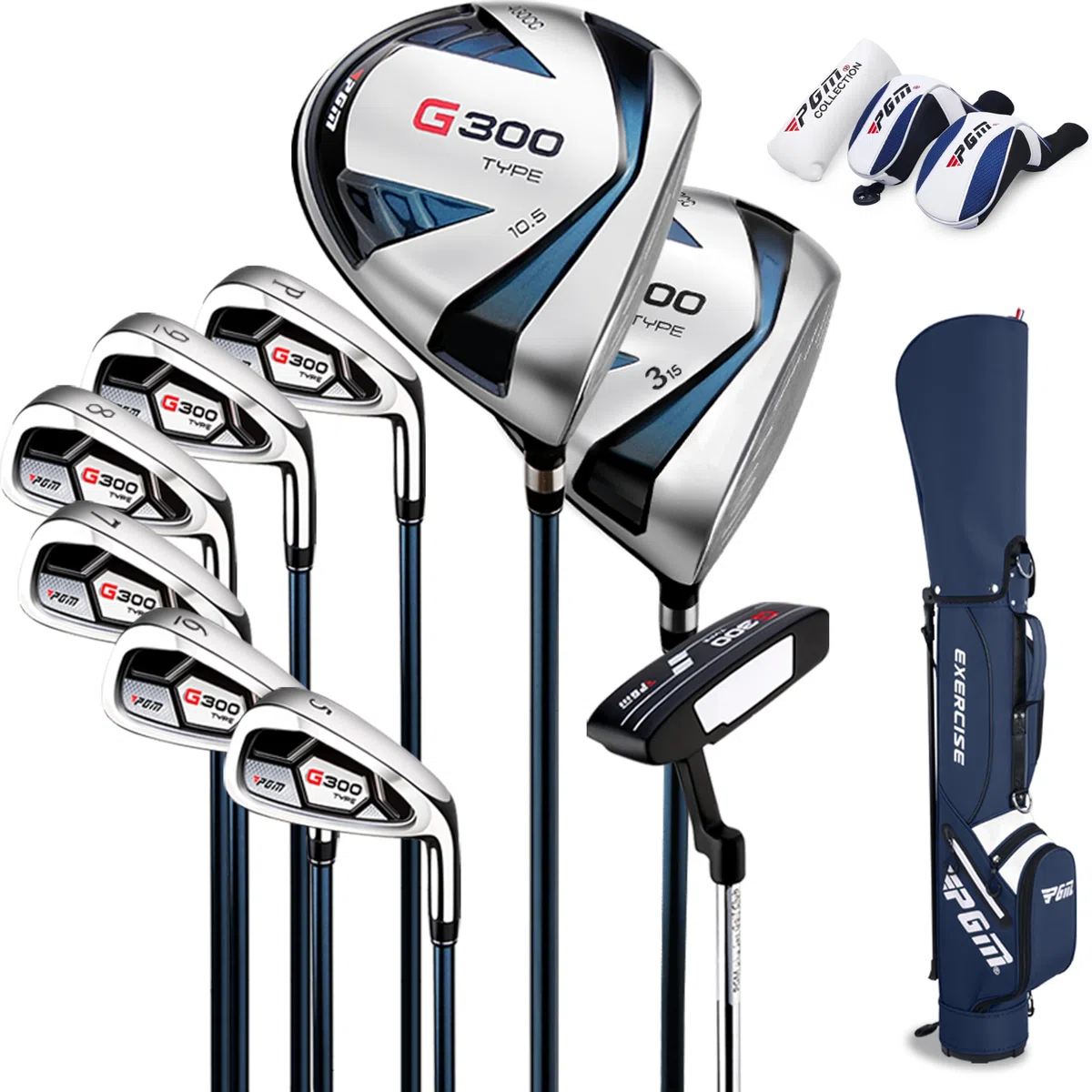 PGM G300 - Set mazze da golf uomo driver titanio #1, ibrido polarizzato, ferri resistenti, putter perdente, con borsa