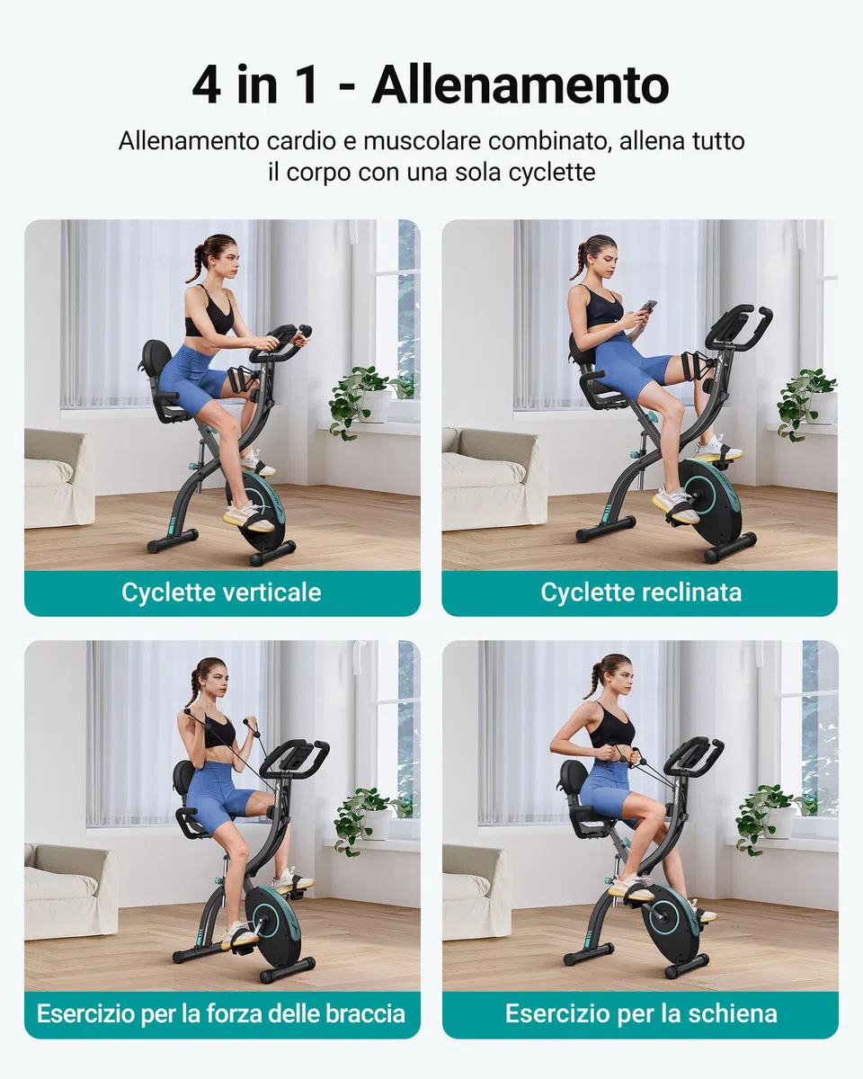 MERACH Cyclette da Casa con App di Allenamento, Silenziosa Cyclette Pieghevole 4-in-1, Resistenza Magnetica a 16 Livelli, Display LCD, Misurazione del Battito, Fascia di resistenza, Sella Confortevole