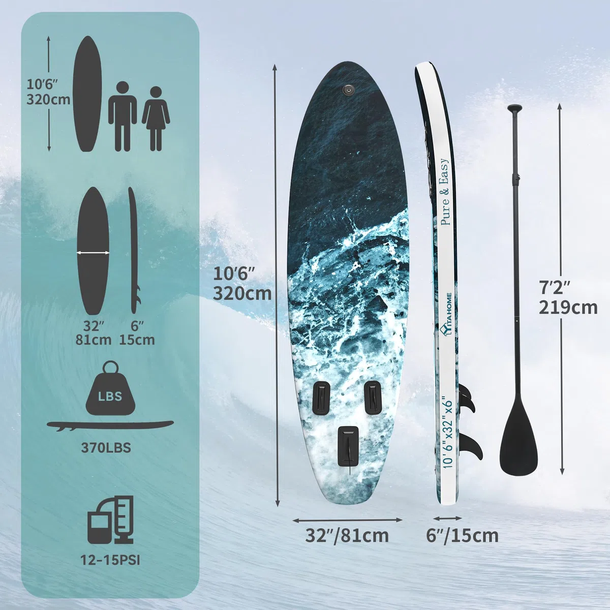 YITAHOME Tavola da surf gonfiabile con accessori SUP, borsa impermeabile, guinzaglio, pagaia regolabile, pompa, barca in piedi (320 x 81 x 15 cm)