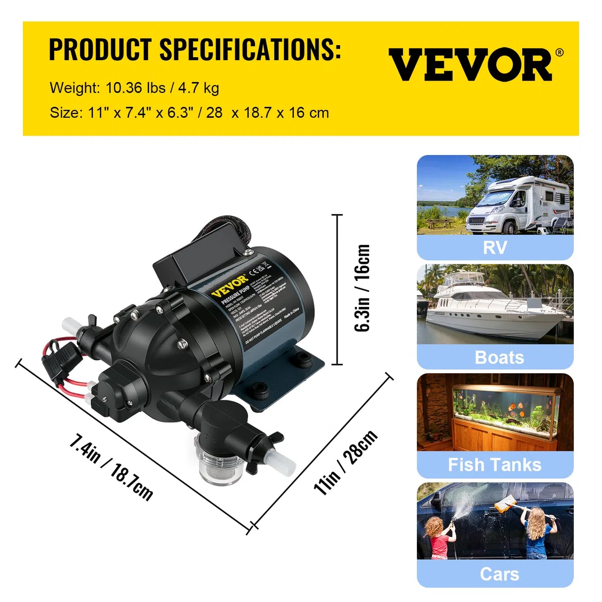 VEVOR Pompa Autoadescante 12 A per Lavaggio Auto Barche Camper Veicoli di Corrente Continua 240 W, Pompa d'Acqua di Lavaggio Portatile in ABS Portata Max. 31,8 L/min per Veicoli Mobile Ponte Barche
