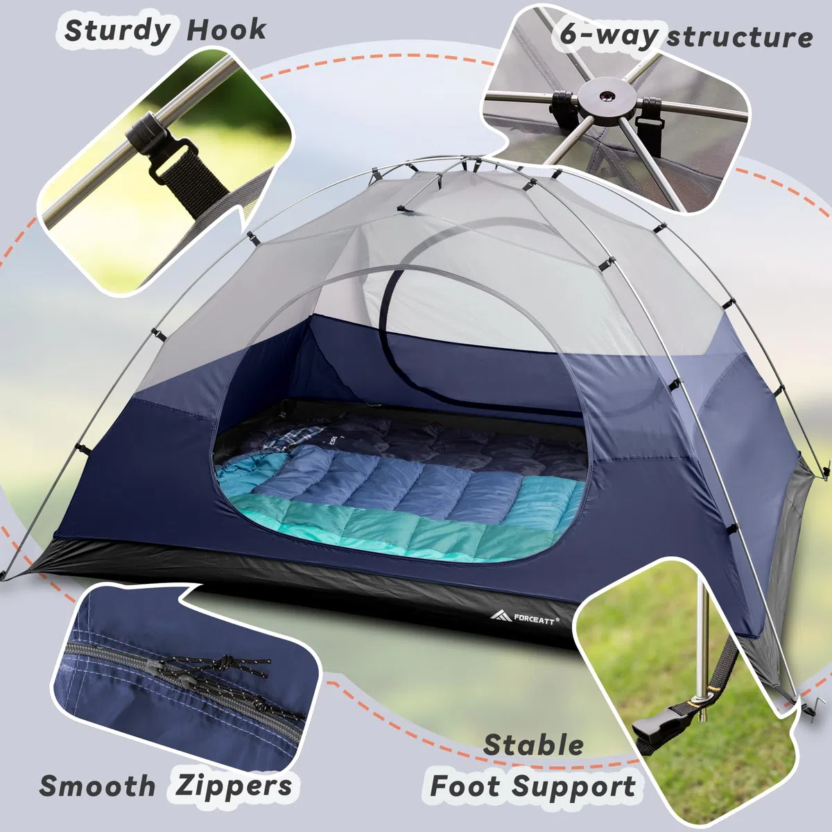 Forceatt Tenda Campeggio 2-4 Persone, Impermeabile Antivento Tenda a Due Porte, Ultra-Leggero Facile da Installare Tende da Campeggio, per Campeggio, Spiaggia, Arrampicata, Escursionismo
