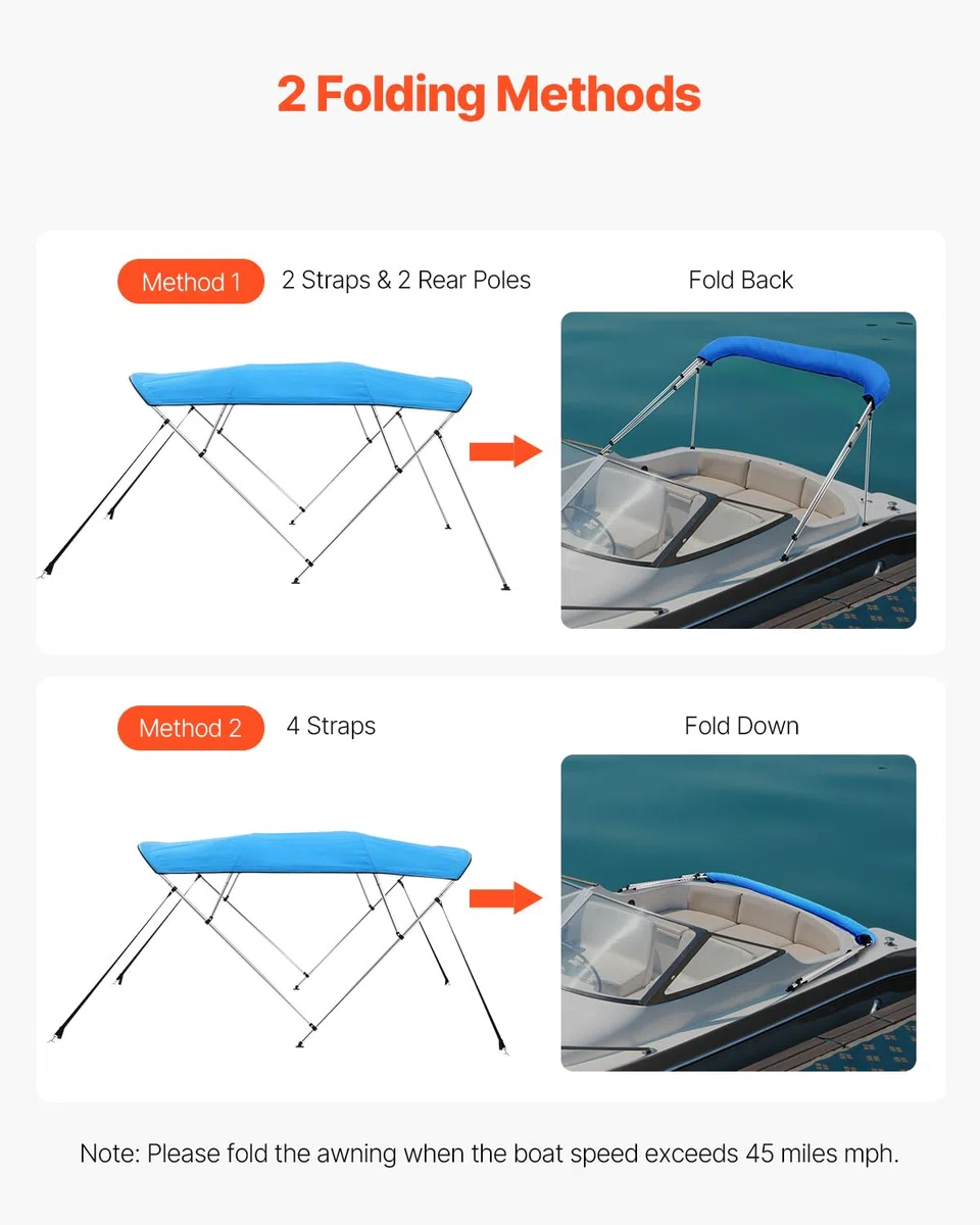 VEVOR Tendalino per Barca a 4 Archi in Poliestere 600D con Telaio in Lega di Alluminio, Tendalino Parasole Impermeabile per Barca con Borsa Portaoggetti, Larghezza 201 a 213 cm Blu Pacifico