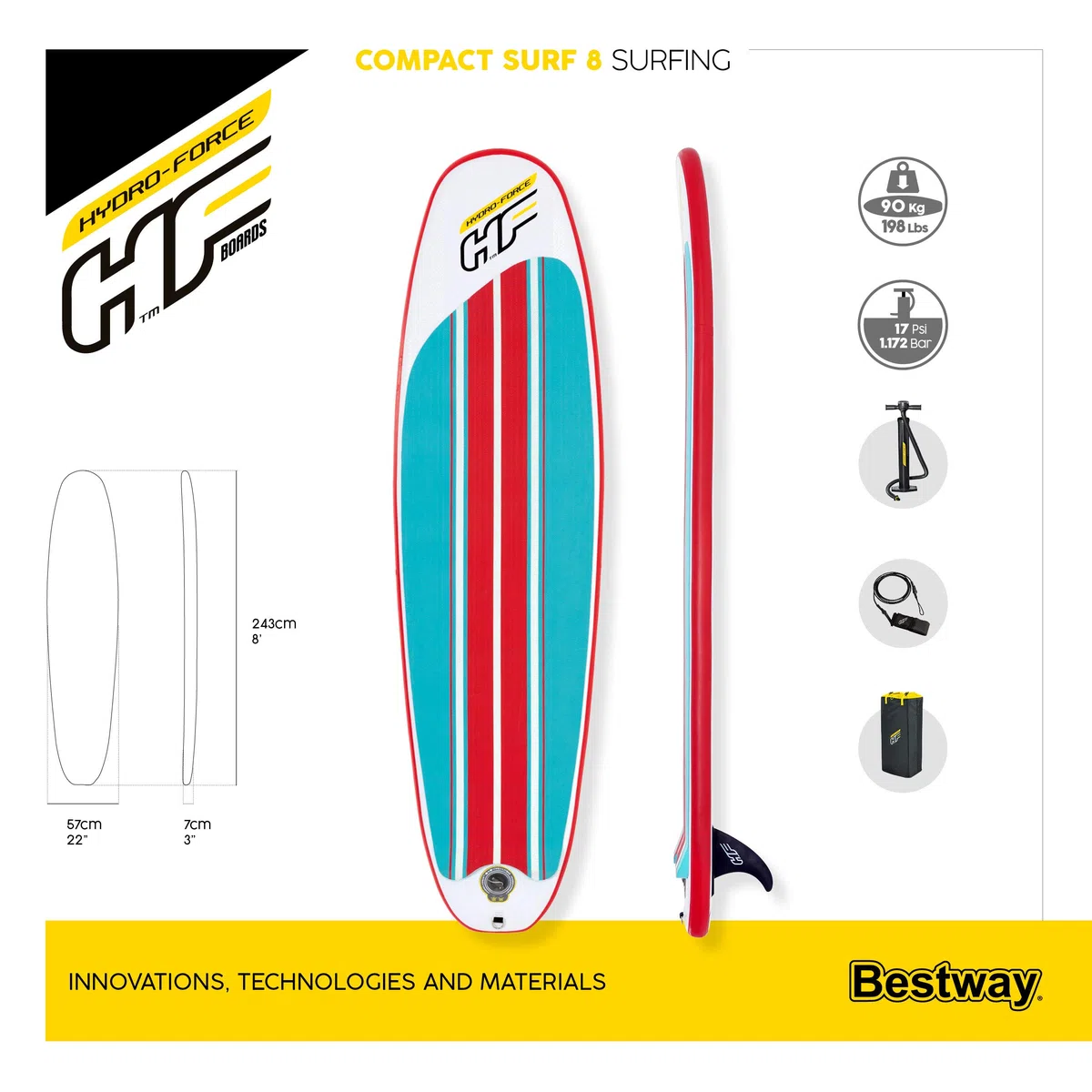 Bestway 65336-3 Tavola da Surf Gonfiabile, 243 x 57 x 7 cm, Max 90 kg