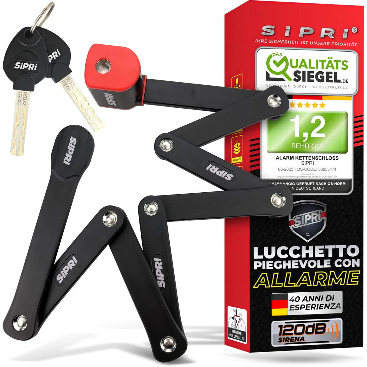 SIPRI Lucchetto pieghevole per bicicletta con allarme, 120 dB, pieghevole, ad alta sicurezza, per e-bike, scooter e moto, in acciaio da 8 mm, 116 cm, resistente alle intemperie, robusto lucchetto con
