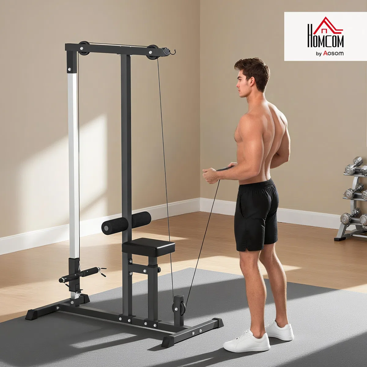 HOMCOM Stazione Fitness Pull Down, Power Tower Multifunzione per Palestra in Casa con Panca Regolabile a 3 Livelli, in Acciaio per Home Gym Casa, 107x120x190cm, Nero