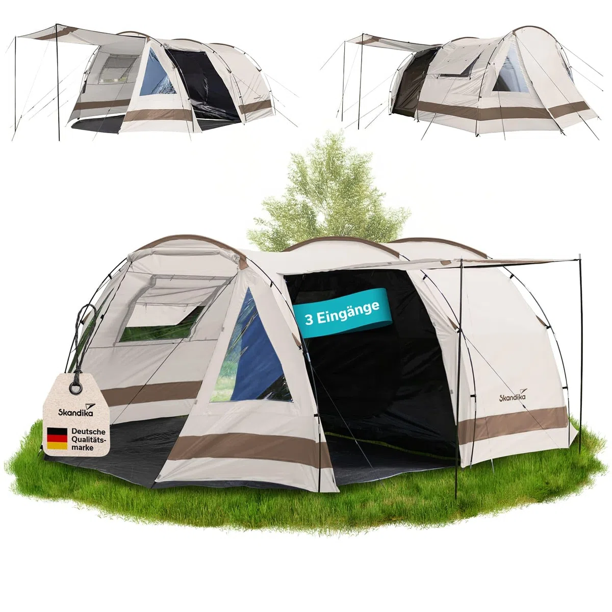 Skandika Kambo - Tenda de campeggio tunnel - Cabina letto per 6/8/12 persone - Impermeabile con 3000 colonne d'acqua - 2 m di altezza - 3 ingressi - tenda da sole