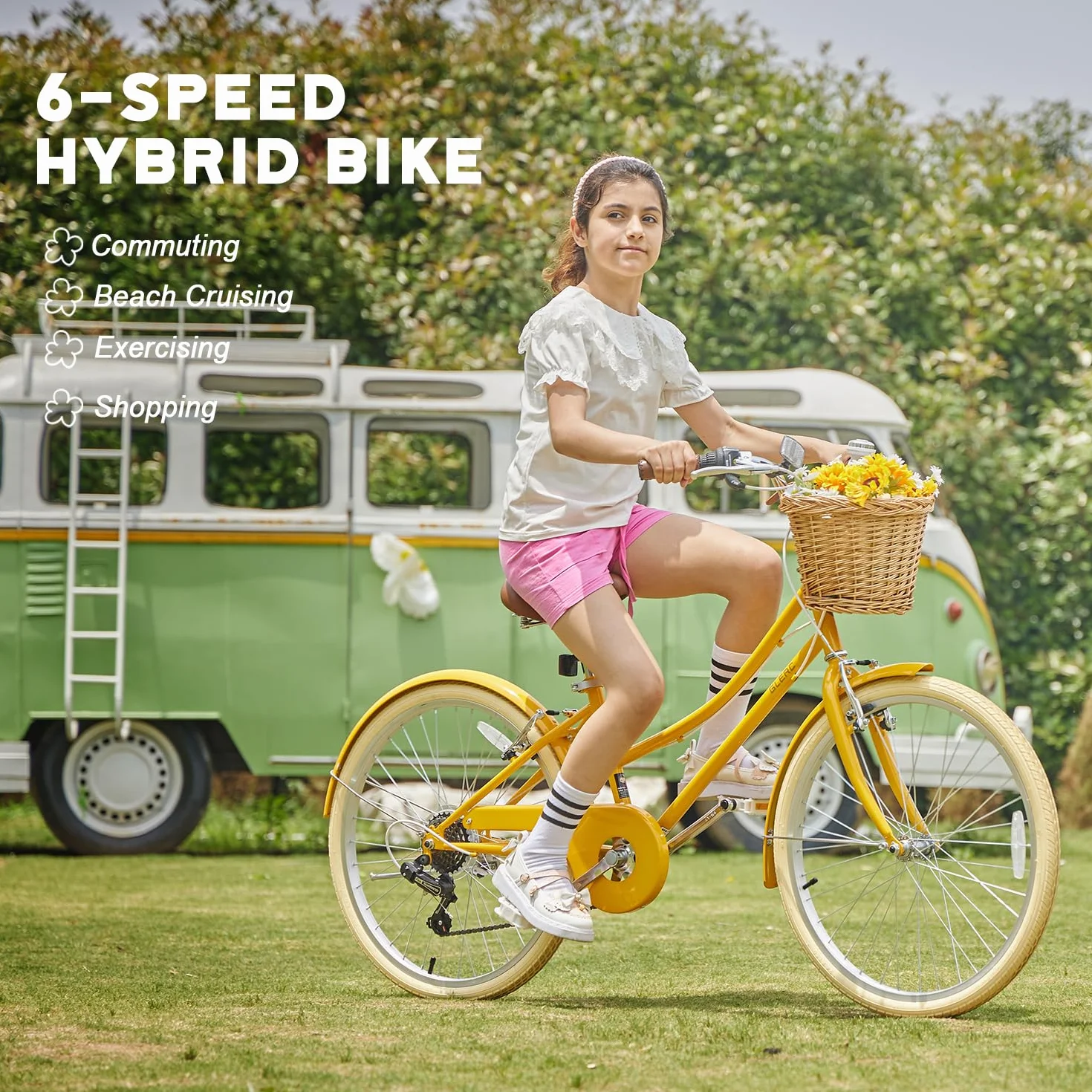 Glerc Missy 20" 24" 26" pollici Girl Cruiser 6 speed Hybrid city bike per bambini sopra i 6 anni con cestino in vimini leggero, vari colori