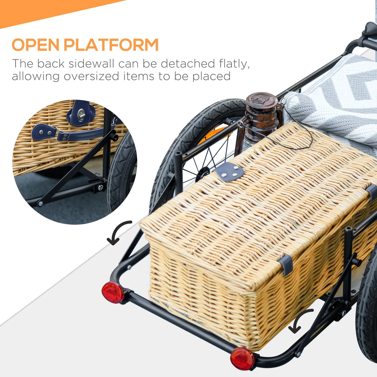 HOMCOM Rimorchio per bicicletta con cassetto portaoggetti estraibile pieghevole da 65 l, pneumatici e riflettori di sicurezza, carico massimo 40 kg, grigio