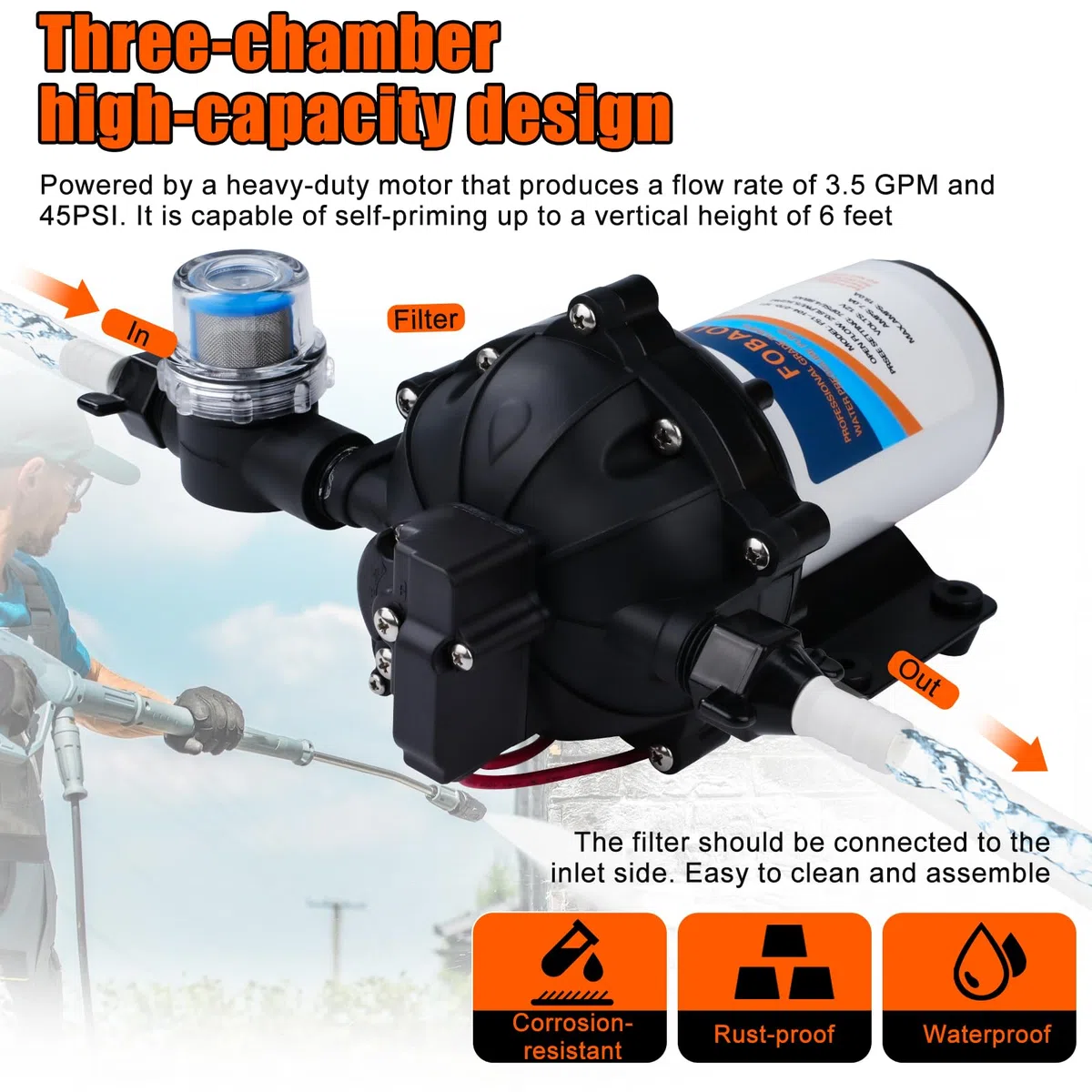 Pompa Acqua 12V, DC 20,8 L/min 70 psi/4,8 bar 5,5 GPM 5 Camere Pompa a Pressione Autoadescante per Acqua su Richiesta Pompa a Membrana per Acqua per Camper Yacht Giardino Camper