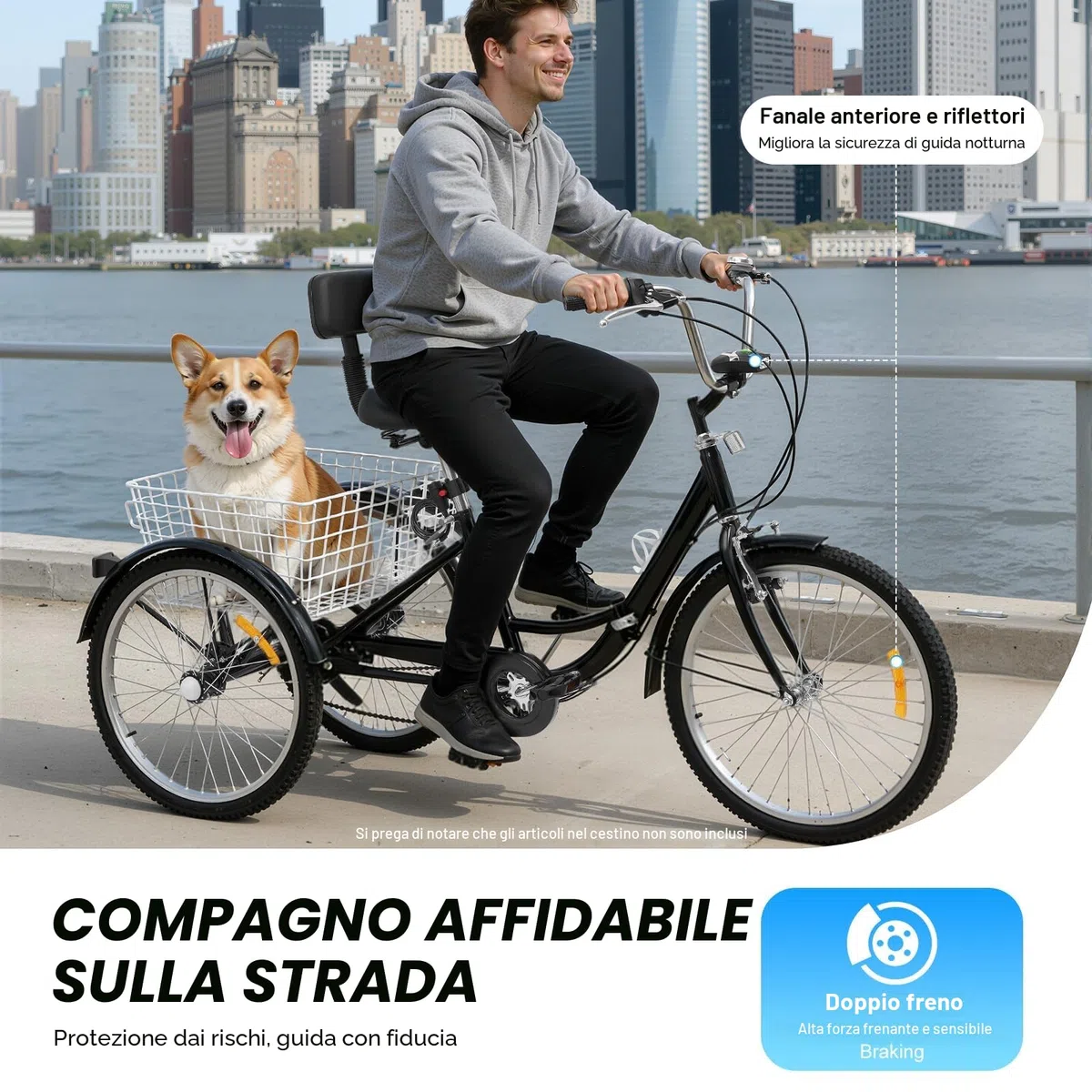 triciclo per adulti 24 pollici, cruiser bicicletta con lampada da moto, cestino e riflettori, velocità regolabile, 120 kg, bianco