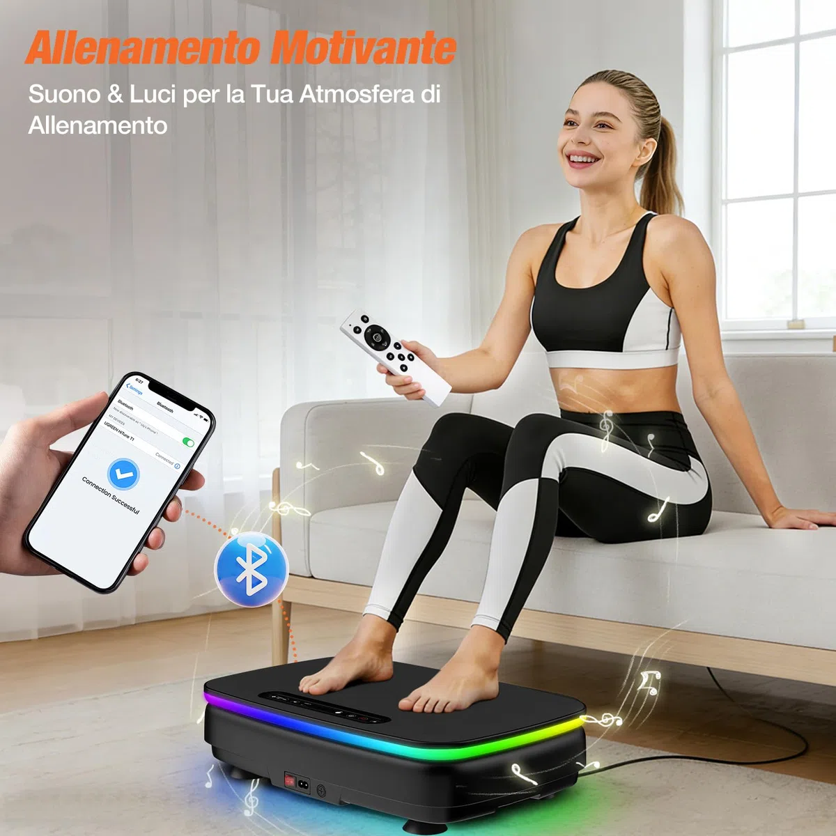 DH FitLife Pedana Vibrante per Casa | 0–99 Livelli con Timer | 9 Programmi Automatici | Silenziosa con Ventose | Luci LED & Altoparlante Bluetooth | Bande di Resistenza Incluse | Portata 150 kg