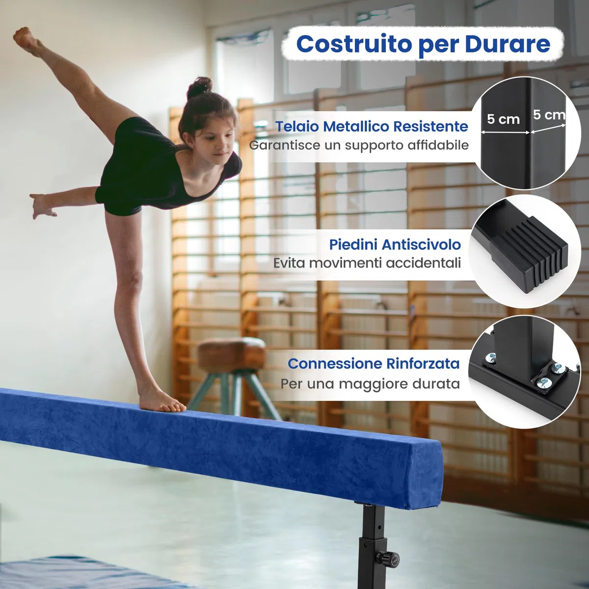 COSTWAY Trave Ginnastica Artistica per Casa Regolabile 226 cm, Trave di Equilibrio con Ruote e 3 Altezze Regolabili e Gambe Robuste per Principianti e Professionisti