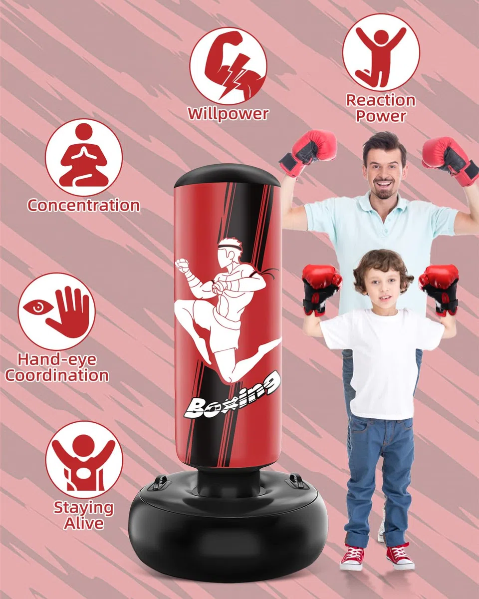 NZQXJXZ Sac de Frappe 165cm gonflable pour enfants avec gants de Sac de Boxe Enfants pour la pratique du MMA, du Karaté, du Taekwondo et pour soulager l'énergie de la Pentecôte