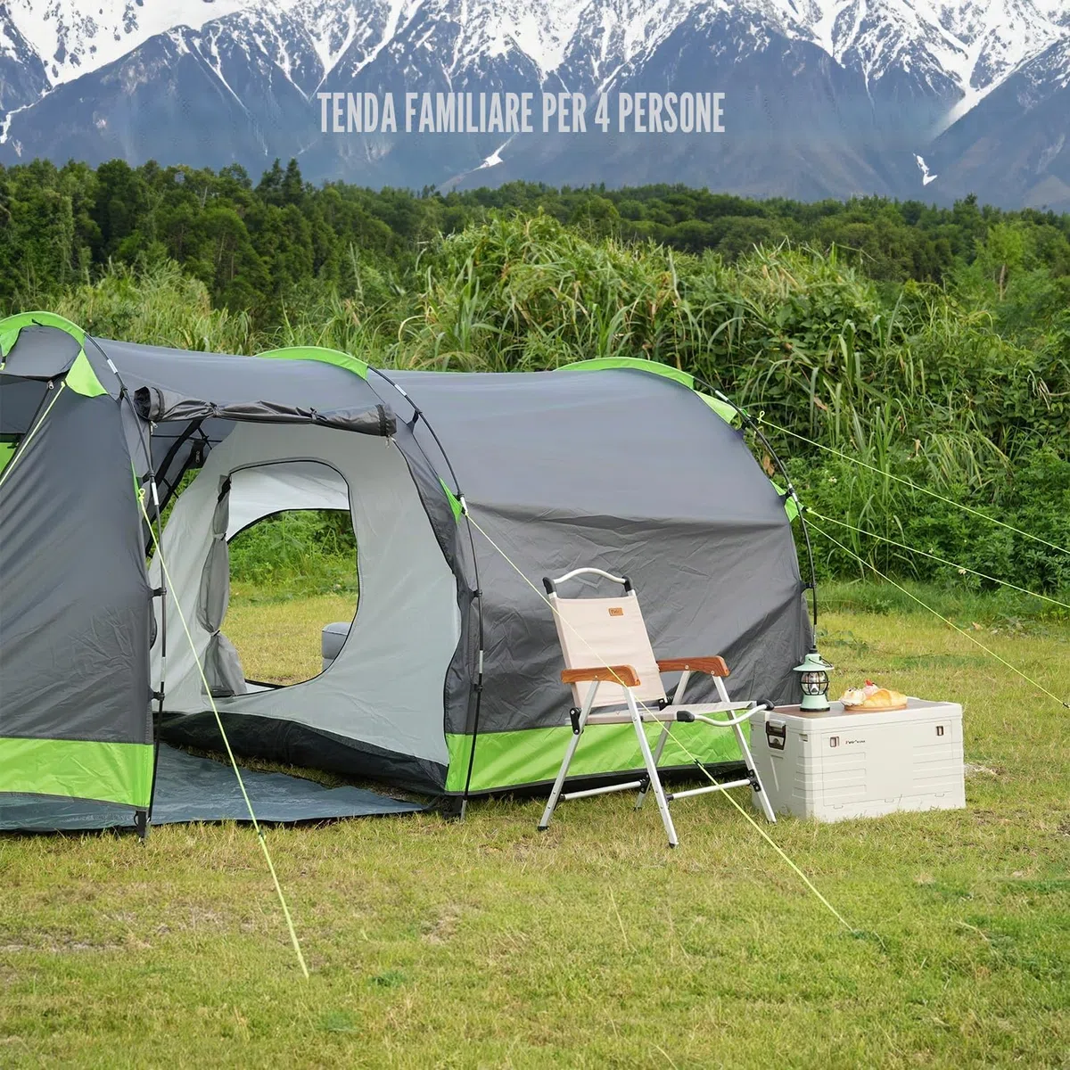 Tenda a tunnel per 4 persone, tenda Tipi, grande da campeggio con cabina letto, tenda familiare impermeabile, 3000 mm, tenda a 3 ingressi, tenda glamping con fondo rimovibile
