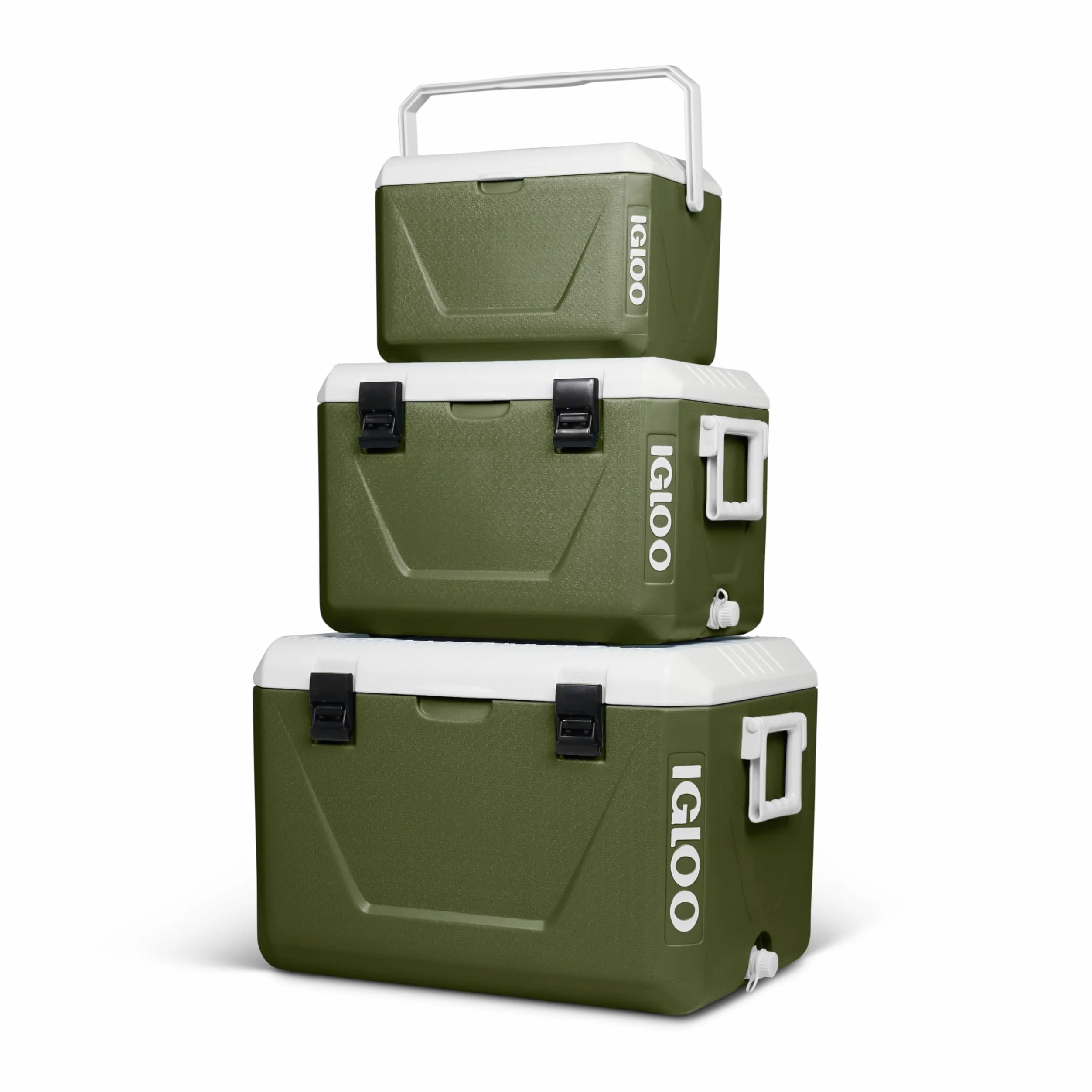 IGLOO Set di ghiacciaie passive impilabili 55 L + 27 L + 11 L – Contenitori termici leggeri & resistenti per campeggio, spiaggia & outdoor – Design salvaspazio impilabile, Verde