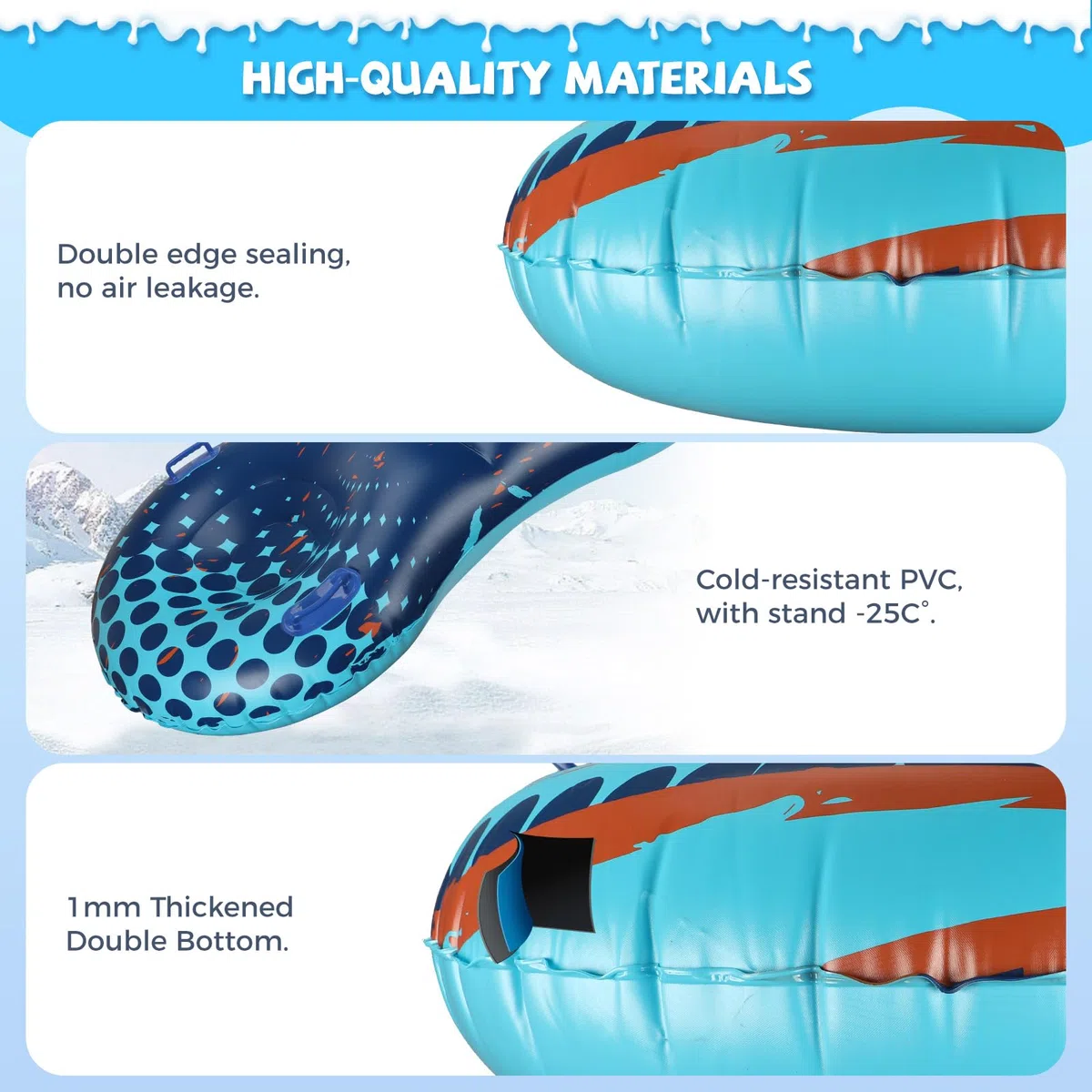 Tubo da neve con fune di traino trainabile, slitta gonfiabile heavy duty per 2 persone per bambini e adulti, di alta qualità, resistente all'abrasione, con fondo ispessito, tubi per slittino