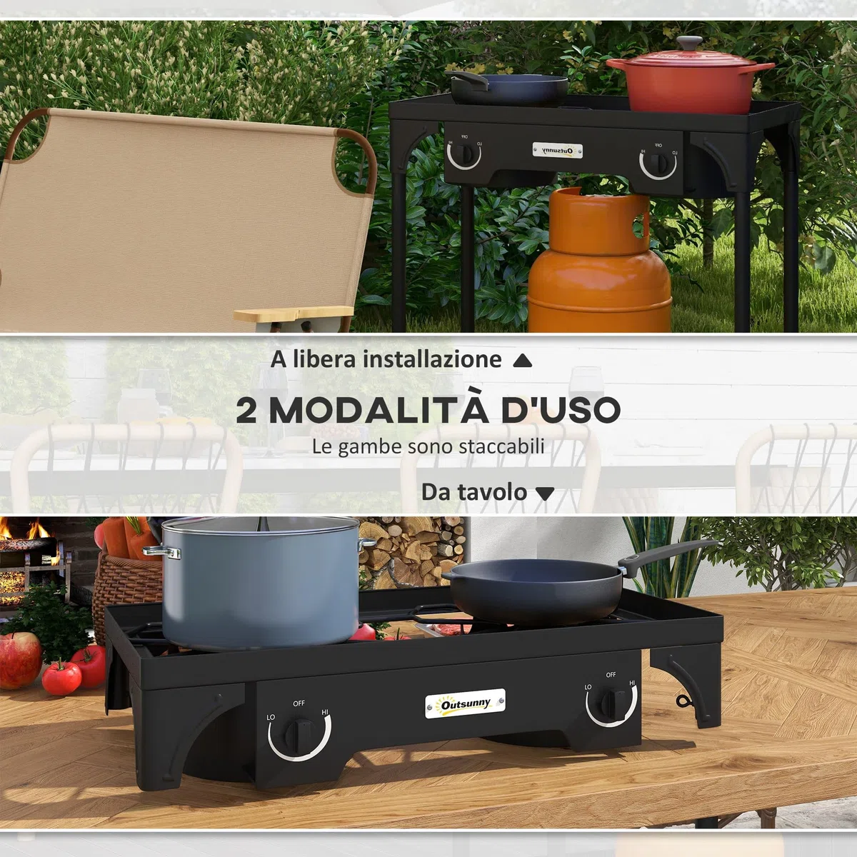 Outsunny Fornello a Gas con 2 Bruciatori 9.2 KW, Fornello da Campeggio in Metallo con Gambe Rimovibili, Nero