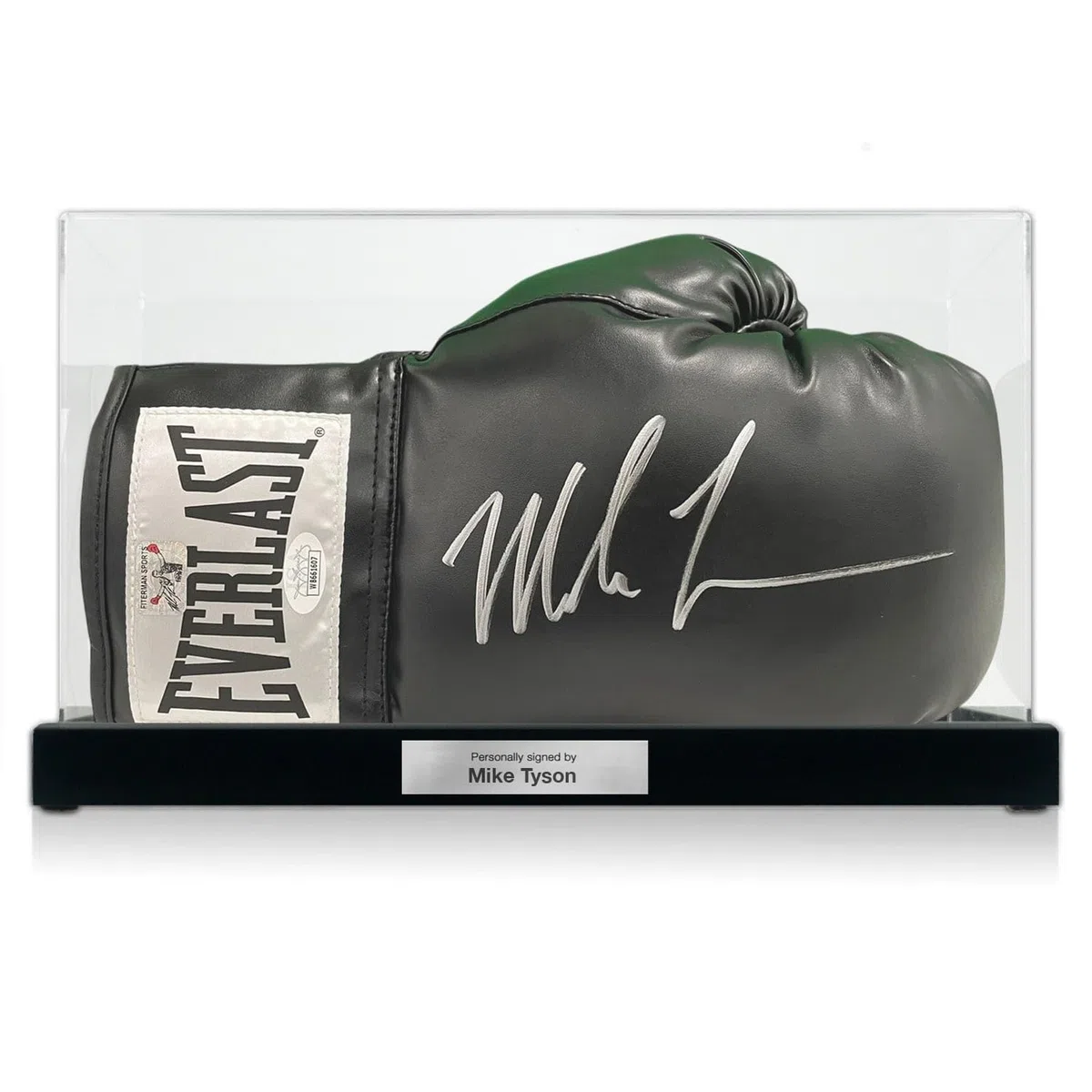 Guantone da Boxe Nero autografato da Mike Tyson. Vetrina con Targa