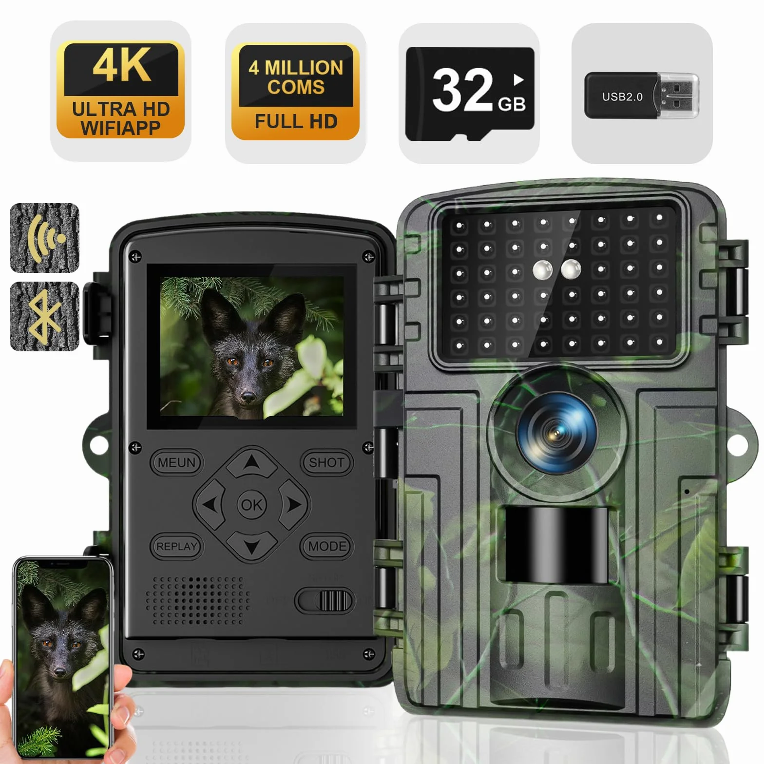 Fototrappola WiFi 4K 60MP con App, fototrappola Notturna con IR Visione 120° Ultra Grandangolo, Sensore di Movimento 0,1s Tempo di Attivazione, foto trappola per videosorveglianza con Antipolvere IP66