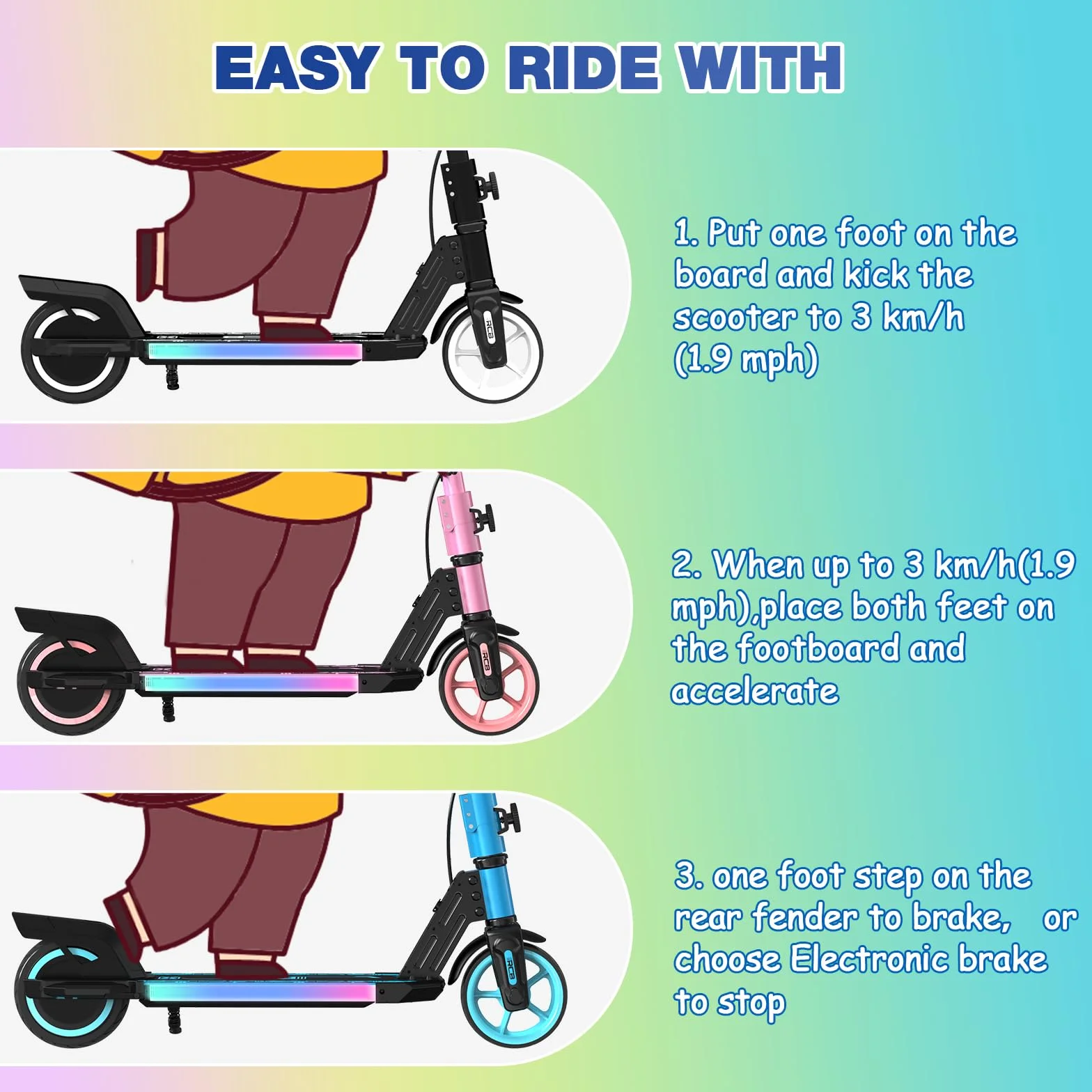 RCB R12 Monopattino Elettrico per Bambini 6-12 Anni, Max 15Km/h & 10 km, Luce LED Arcobaleno, 6,5" Pieghevole E-Scooter,Display a LED, Velocità Regolabili, Regalo per Bambini
