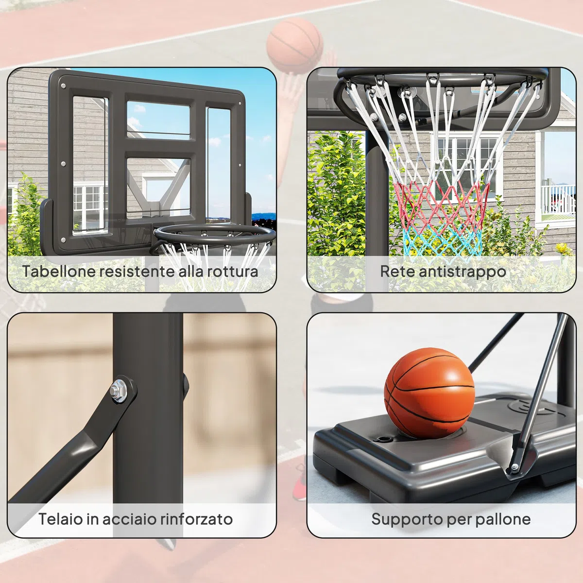 SPORTNOW Canestro Basket ad Altezza Regolabile per Giardino e Piscina con Base Riempibile e Spazio per Palla, in Acciaio, Plastica e HDPE, 110x75x195-370 cm, Nero