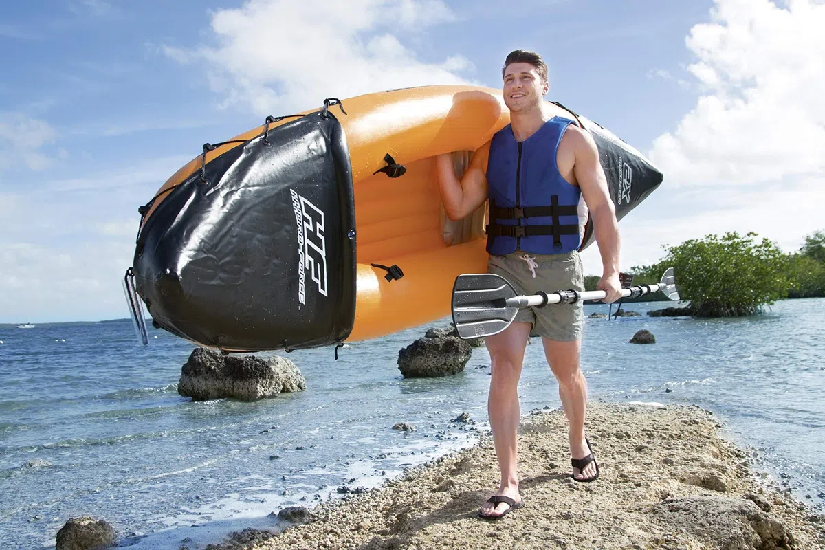 Hydro-Force Rapid Kayak | Set kayak gonfiabile per 2 persone con sedili, schienale, pagaie, pompa a mano e borsa per il trasporto, arancione